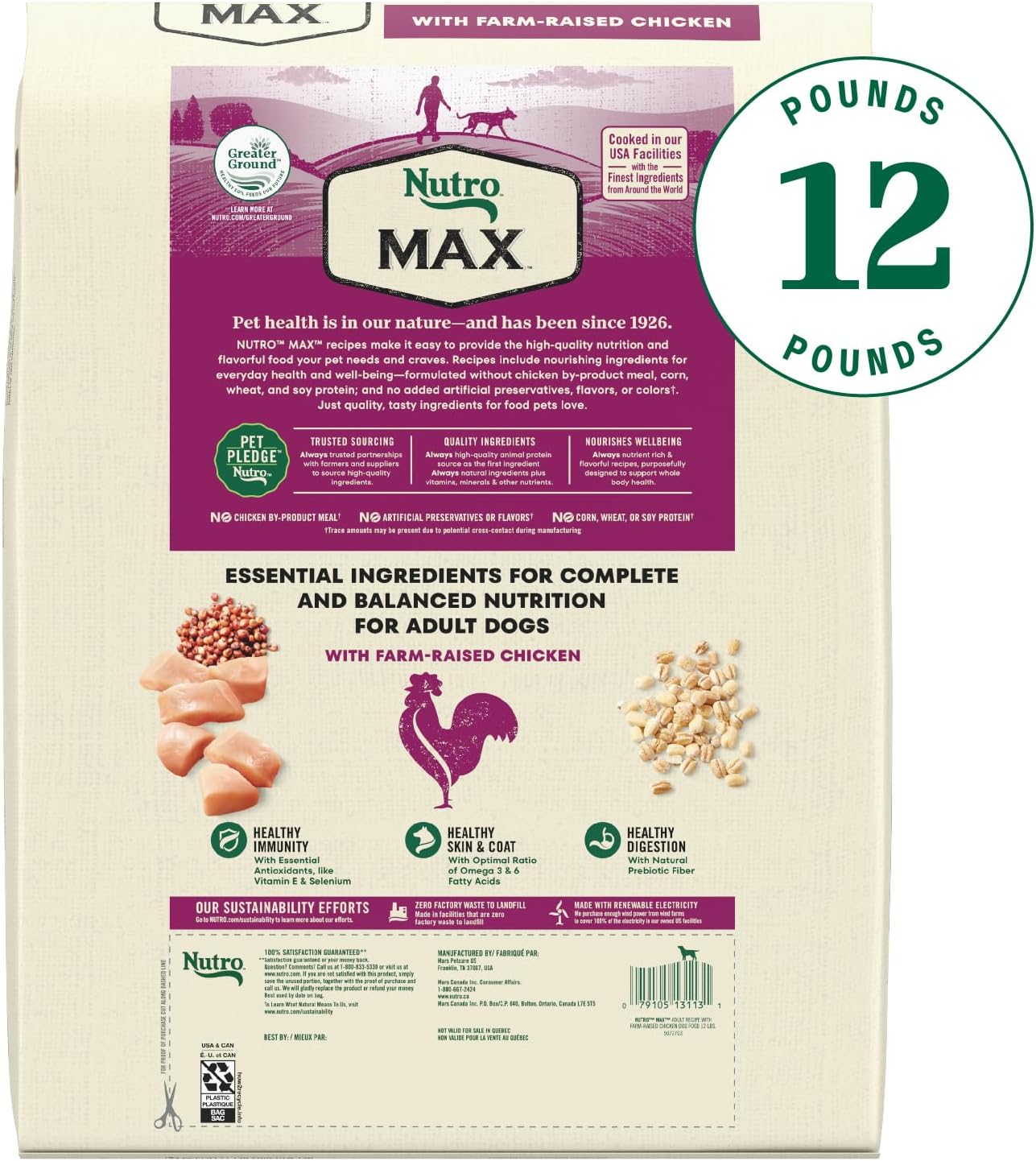 Nutro Max Adult Recipe Dry Dog Food, Farm-Raised Beef, 25 lb | Non-GMO ingredients, wholesome grains, no chicken by-product meal/corn, wheat, soy, supports muscles, energy & vitality