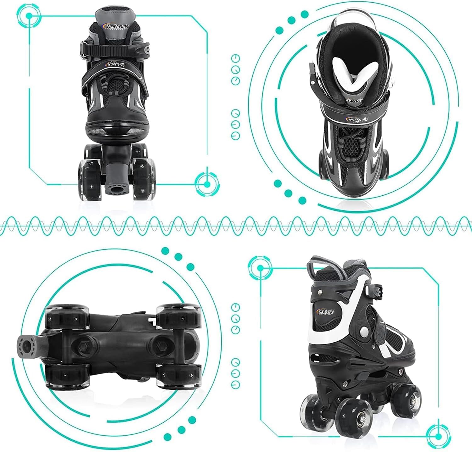 Nattork Kids Roller Skates for Boys Girls Kids, 4 Sizes Adjustable Quad Skates with All Light up Wheels - Birthday Gift for Indoor Outdoor Sports