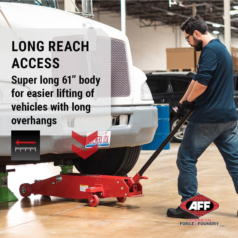 AFF 10 Ton Air Hydraulic Long Chassis Jack - for Long Overhang Vehicles | 10 T Floor Jack with Foot Pump & 3-Position Lock Handle - Ideal for Repair Shops, Bus & Truck Fleets, Heavy Duty Equipment