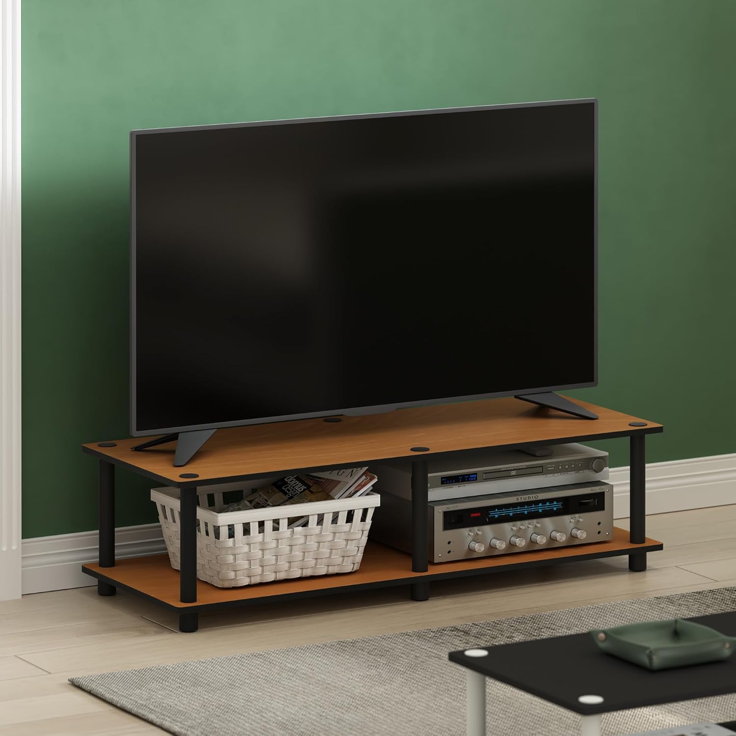 Furinno Turn-N-Tube TV Riser Stand, 2-Tier Small Elevated No Tools TV Stand, TV Console for TV up to 32 inch, 15.8 x 23.8 x 11, for Living Room, Bedroom, French Oak/Black