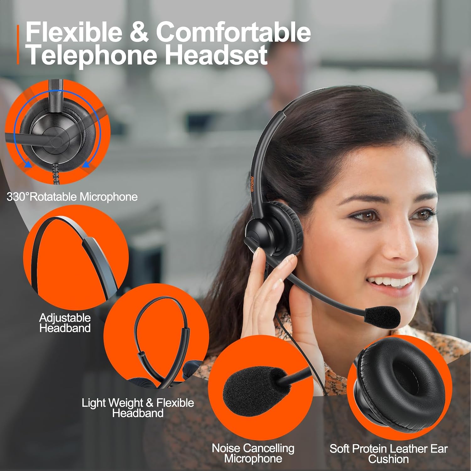 Lightweight Telephone Headset with 2.5mm Bottom Cable and Mute Button for Office Calls, Works with Cisco Polycom Panasonic Landline IP Desk Phones