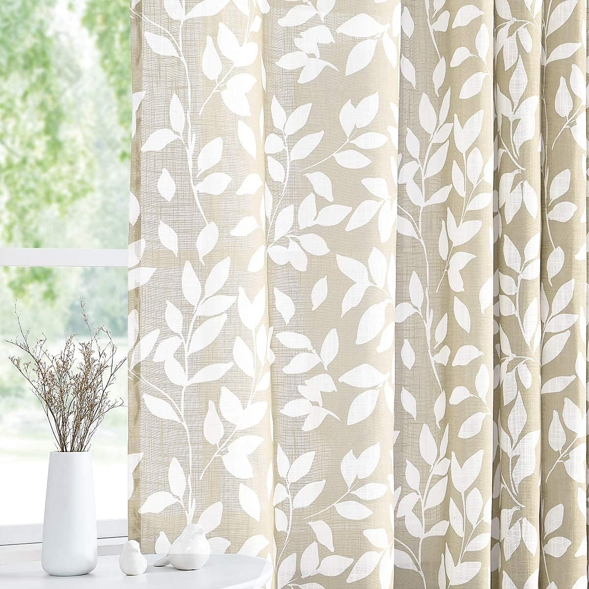 Leaf Semi Sheer Curtains for Bedroom Living Room 52x72" Taupe White Print 2