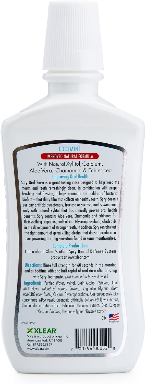 Spry Natural Xylitol Oral Rinse Mouthwash, Spearmint - 16 fl oz (Pack of 1) | Natural, Fluoride Free, Enamel Support, Low Alcohol, Gentle for Sensitive Mouth and Gum, Non-GMO, No Burn
