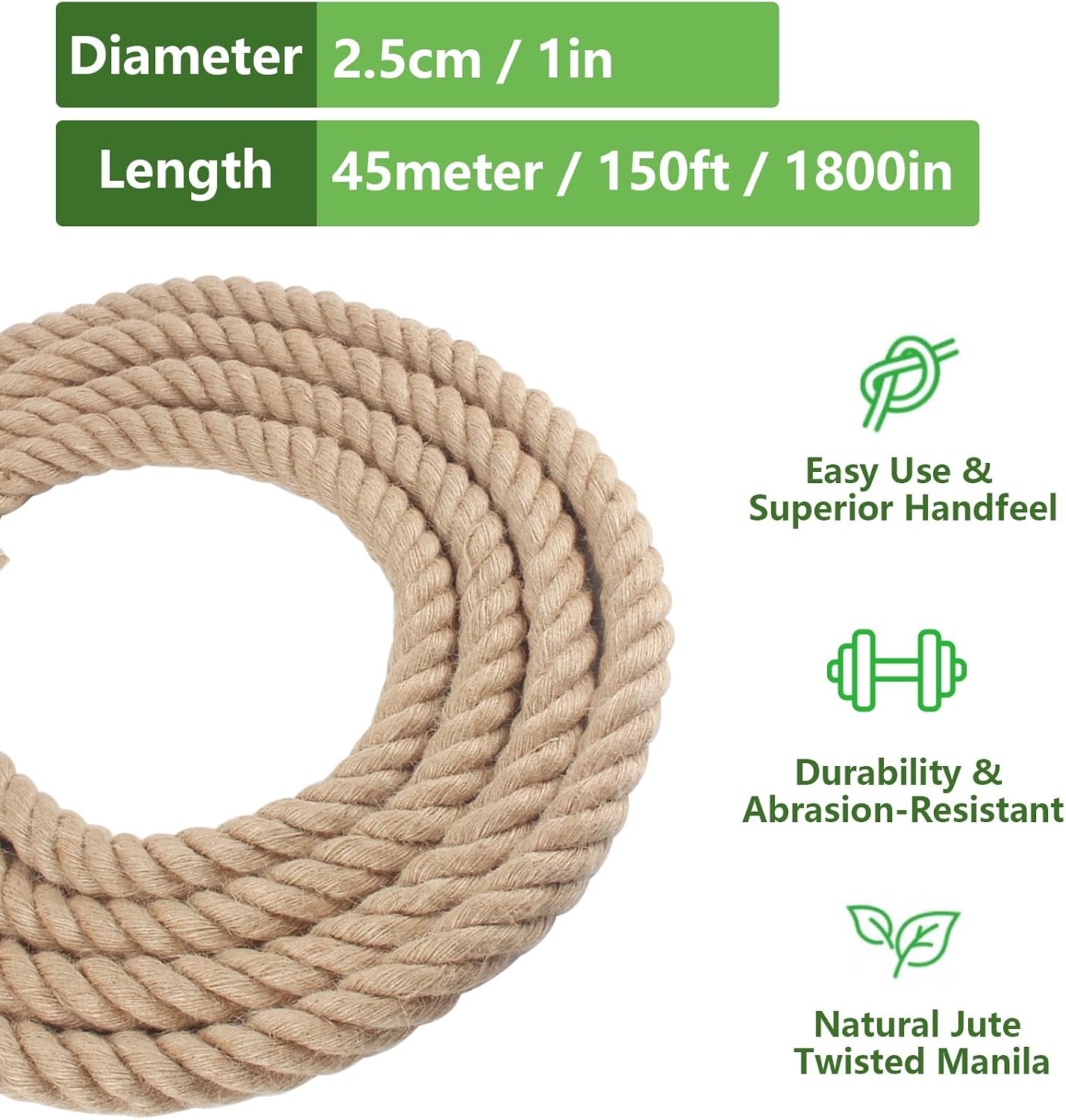 Jute Rope 1 in x 100 ft Thick Twisted Manila Ropes Natural Hemp Rope for Swing Bed, Railing, Crafts, Docks, Tug of War, Decorating, Nautical, Landscaping, Hammock