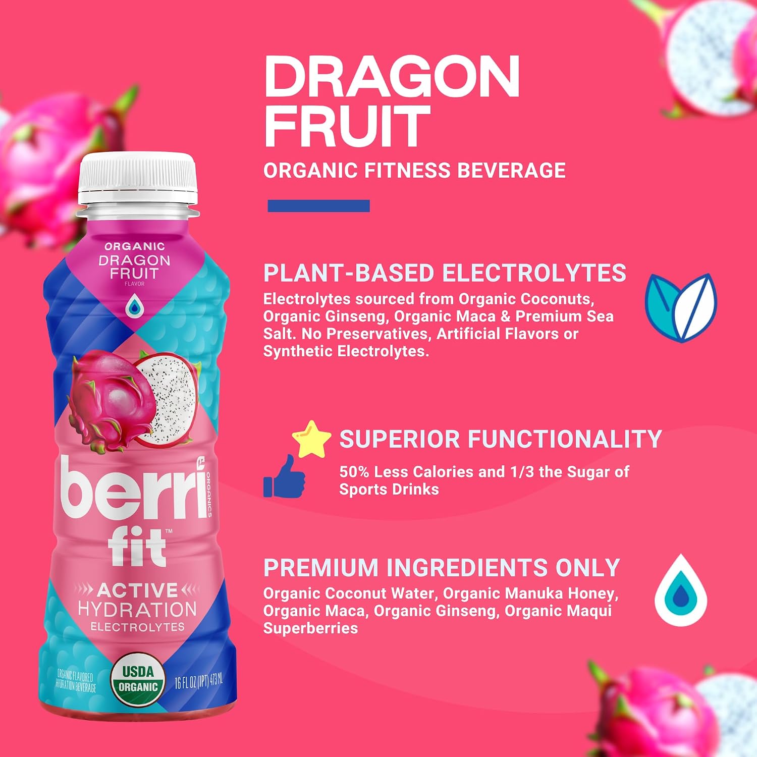 Berri Fit Hydration, 4ct, Organic Dragon Fruit Flavor Natural Sports Drink
