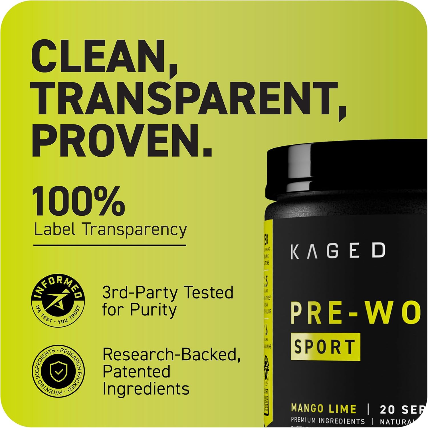 Kaged Sport Pre Workout Powder for Men & Women, Mango Lime, Sport Certified, 188mg Caffeine, Nitric Oxide Supplement, Beta Alanine for Energy