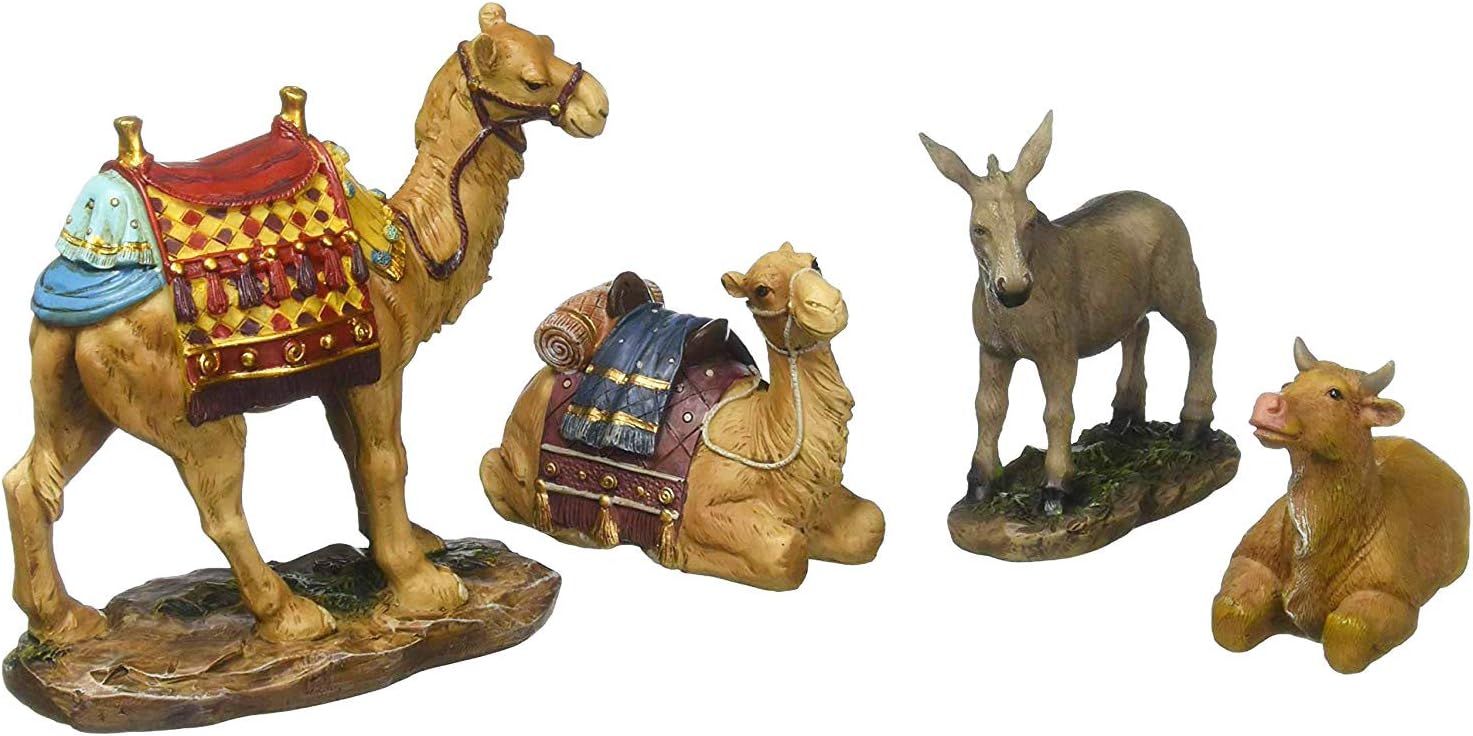 Three Kings Gifts Nativity Animals Set, 4-Piece Polystone Standing and Sitting Camels, Donkey, and Ox Figures, Flat Bottom Base Collectibles for 14-Inch Scale Nativity Scene