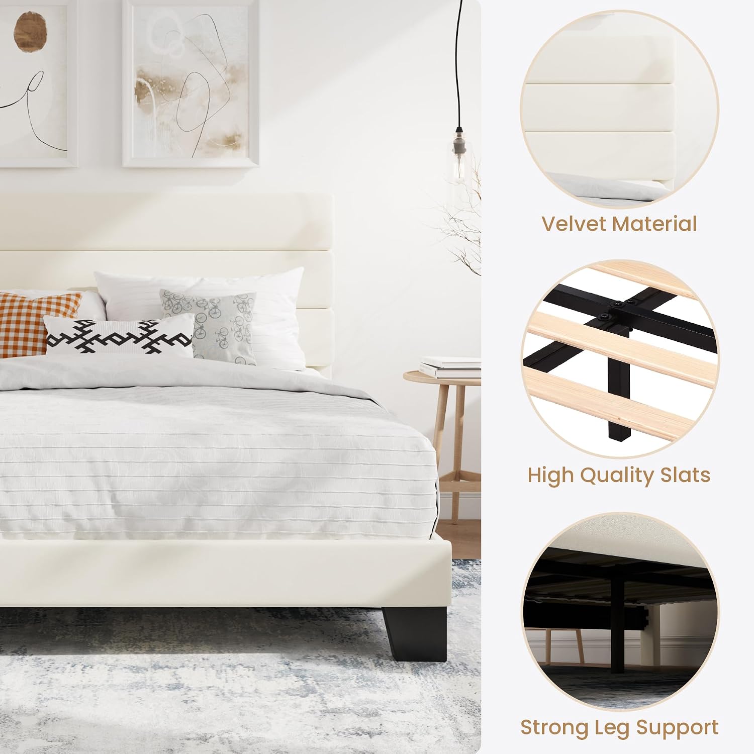 SHA CERLIN Full Platform Bed Frame with Upholstered Fabric Headboard, Grey