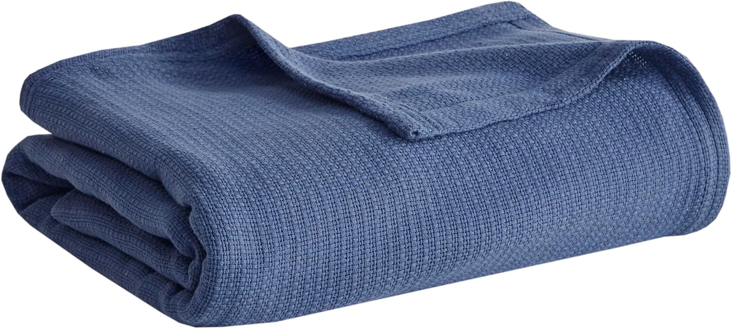 Madison Park 100% Cotton Breathable Queen Size Blanket for Bed, Blue | Freshspun Basketweave, All Season, Farmhouse Classic Bed Cover Full for Summer, OEKO TEX, Warm Home Essential For Couch, Sofa