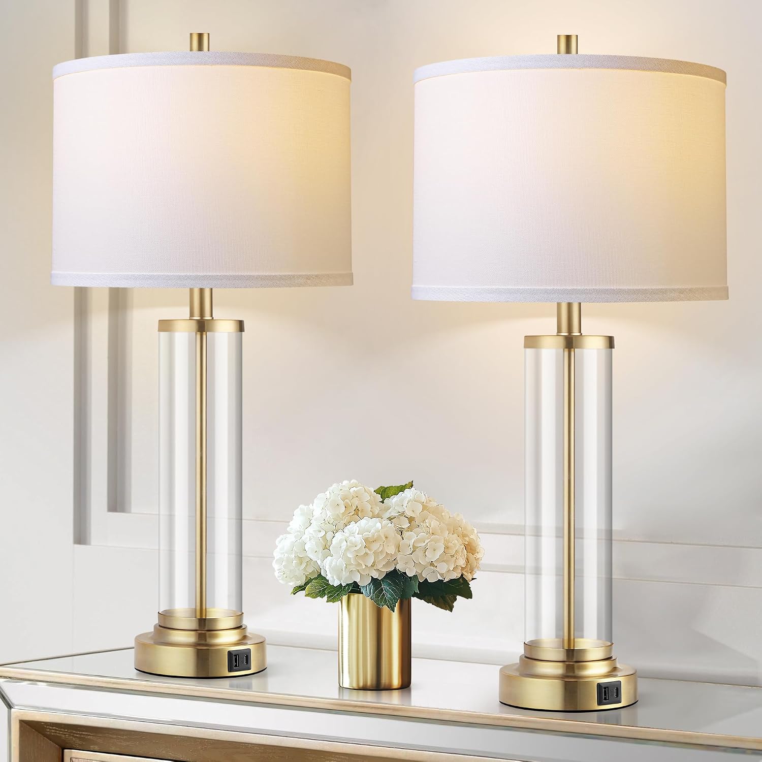 QiMH Lamps for Bedrooms Set of 2, Touch Control Table Lamps with USB A+C Ports, 3-Way Dimmable Bedside Lamp with Fabric Lampshade