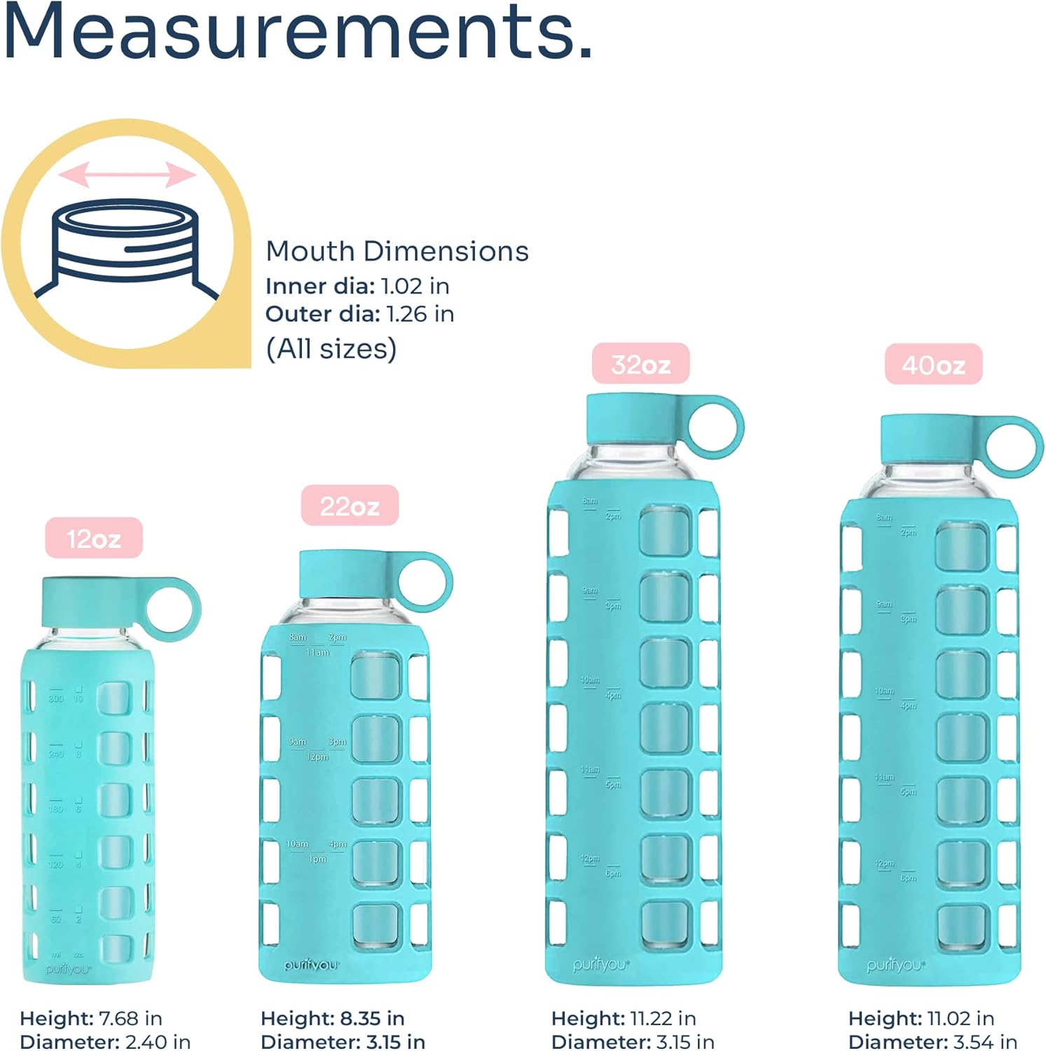 purifyou 40oz / 32oz / 22oz / 12oz Borosilicate Glass Water Bottle with Time & Volume Markers, Silicone Sleeve