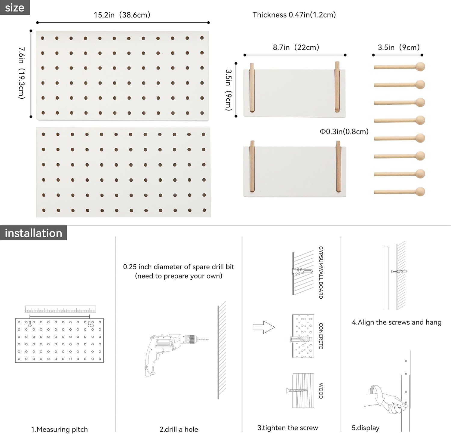 Wooden Pegboard Modular Display Organization Storage Wall Hooks Shelf(Color:Oak)