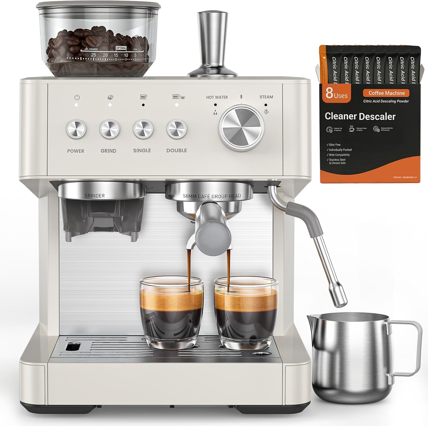 (2026 Upgrade) Espresso Machine with Grinder, 15 Bar Expresso Coffee Machines, Professional Coffee Maker for Latte&Cappuccino with Milk Frother, Expresso Machines for Home Descaling Kit Included White