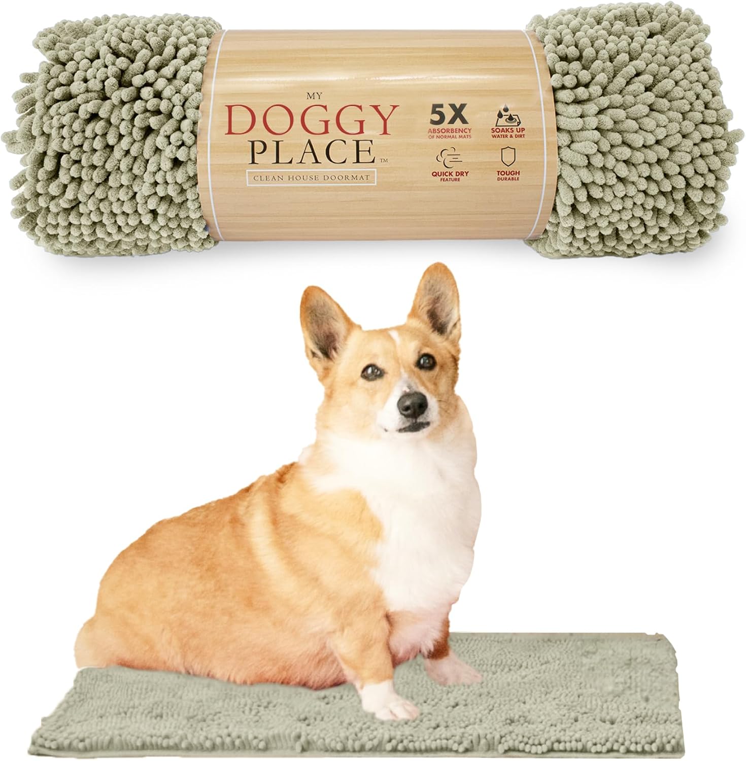 Dog Mud Mat, 31" x 20" Sage – Thick Microfiber Entry Rug for Snow, Mud & Salt – Absorbent, Quick-Dry, Washer-Safe & Non-Slip, Medium