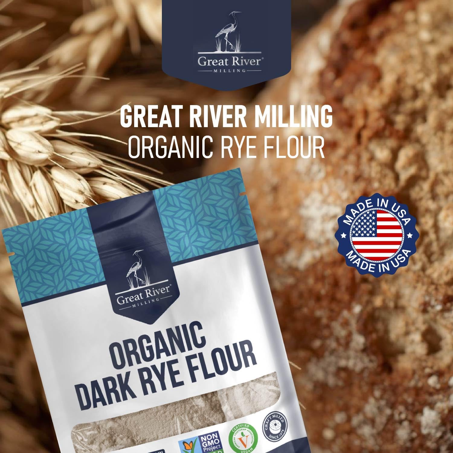 Great River Milling Organic Dark Rye Flour, Whole Grain, 25 lb
