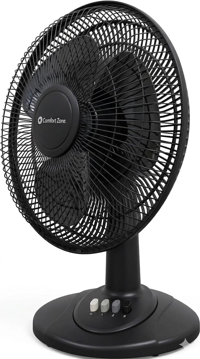 Comfort Zone 12 inch Table Fan with Adjustable Tilt, Wide Area Oscillation, Quiet Air Circulator Fan For Bedroom, 3 Speed Desktop Fan for Home Office, Push Button Controls, White