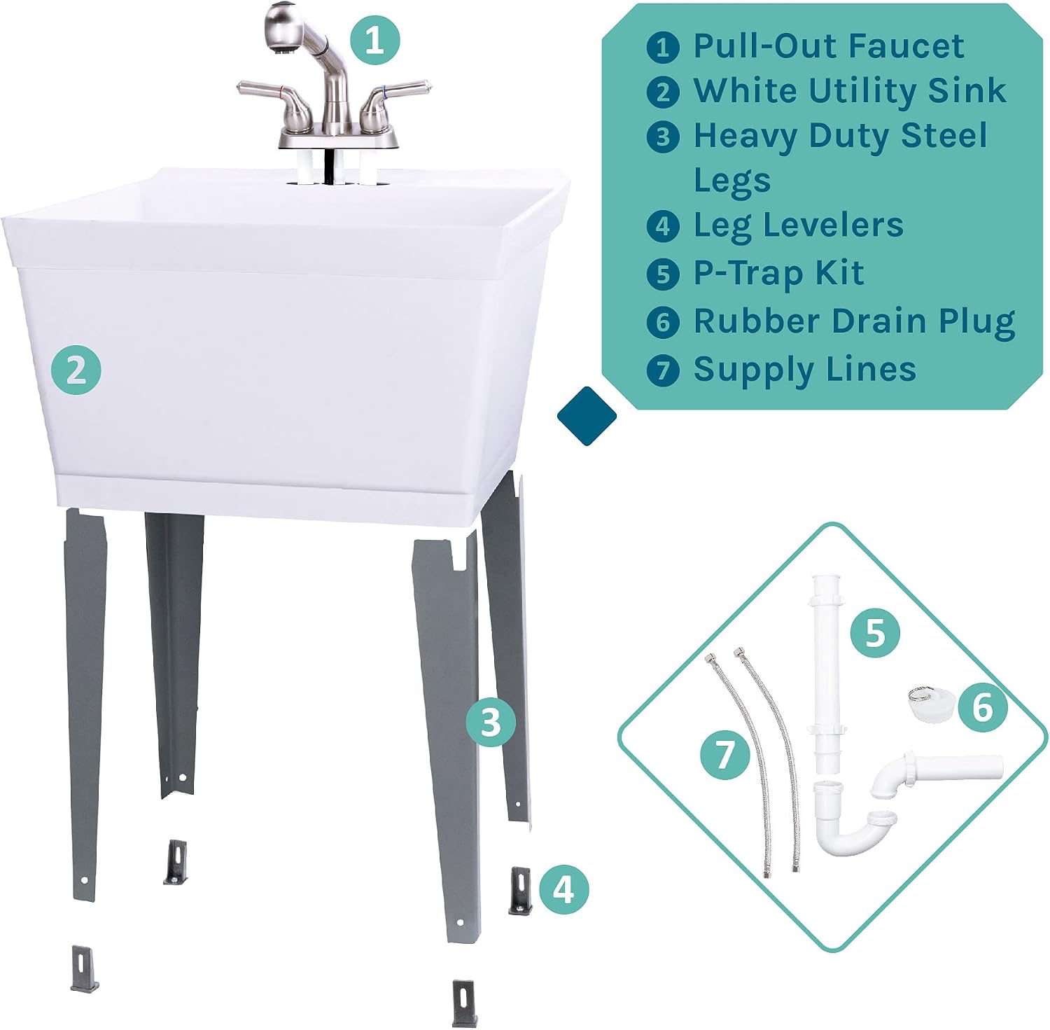 Utility Sink Laundry Tub With Pull Out Faucet, Sprayer Spout, Heavy Duty Slop Sinks For Washing Room, Basement, Garage or Shop
