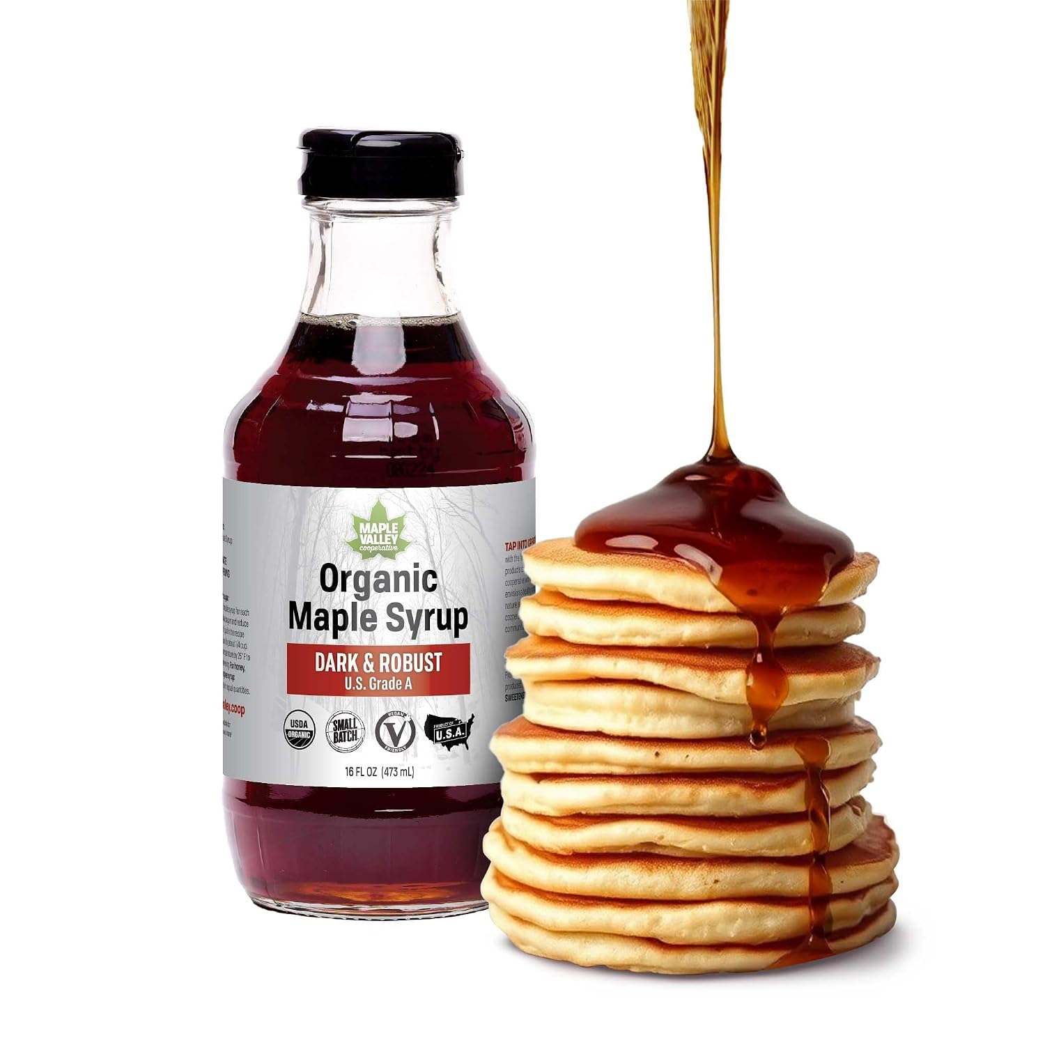 Maple Valley Organic Pure Maple Syrup, Dark & Robust, 32oz (Glass Bottle)​ | Naturally Sweetens Cooking, Baking, Coffee, Tea and Marinades; A Better Alternative to Refined Sugar and Table Syrup