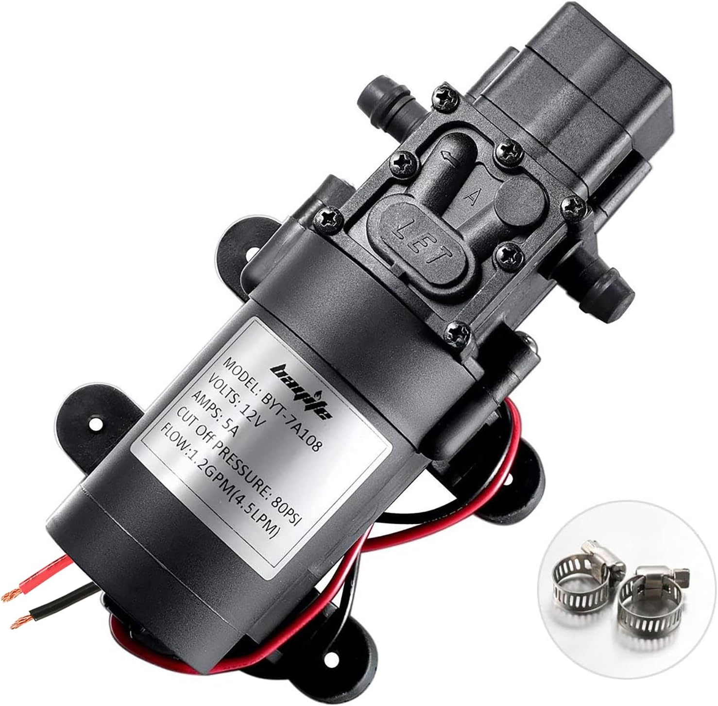 12V DC Water Transfer Pump 4.5 L/Min 1.2 GPM 80 PSI | with 2 Hose Clamps, 12 Volt Diaphragm Pump Self Priming Sprayer Pump