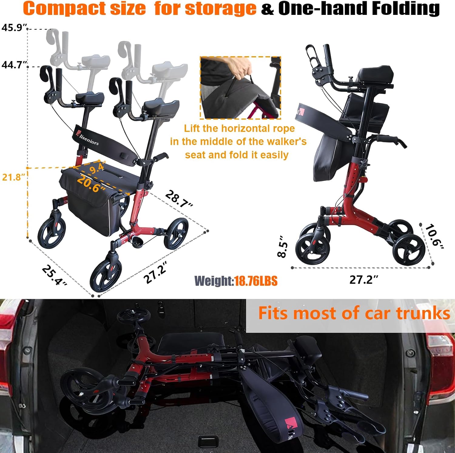 Aliseniors Upright Walker for Seniors - Big Stand Up Walker with Wide Seat, Foldable 4 Wheel All-Terrain Rolling Walker, Adjustable Armrests, 300lbs, Improves Posture & Reduces Back Strain | 20.6" Wide Seat, Foldable Rollator, 8" All-Terrain Wheels, Adju…