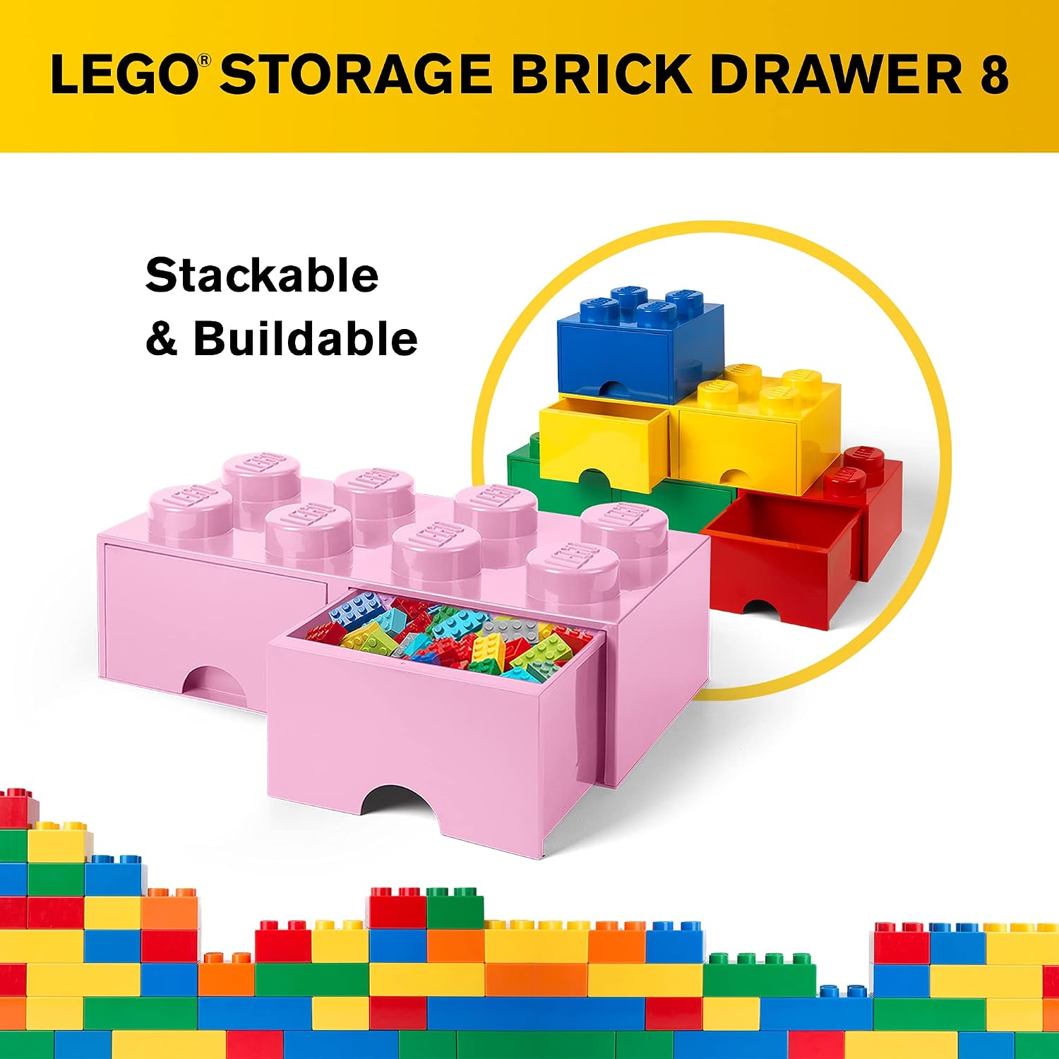 LEGO Brick Drawer, 4 Knobs, 1 Drawer, Stackable Storage Box, Black