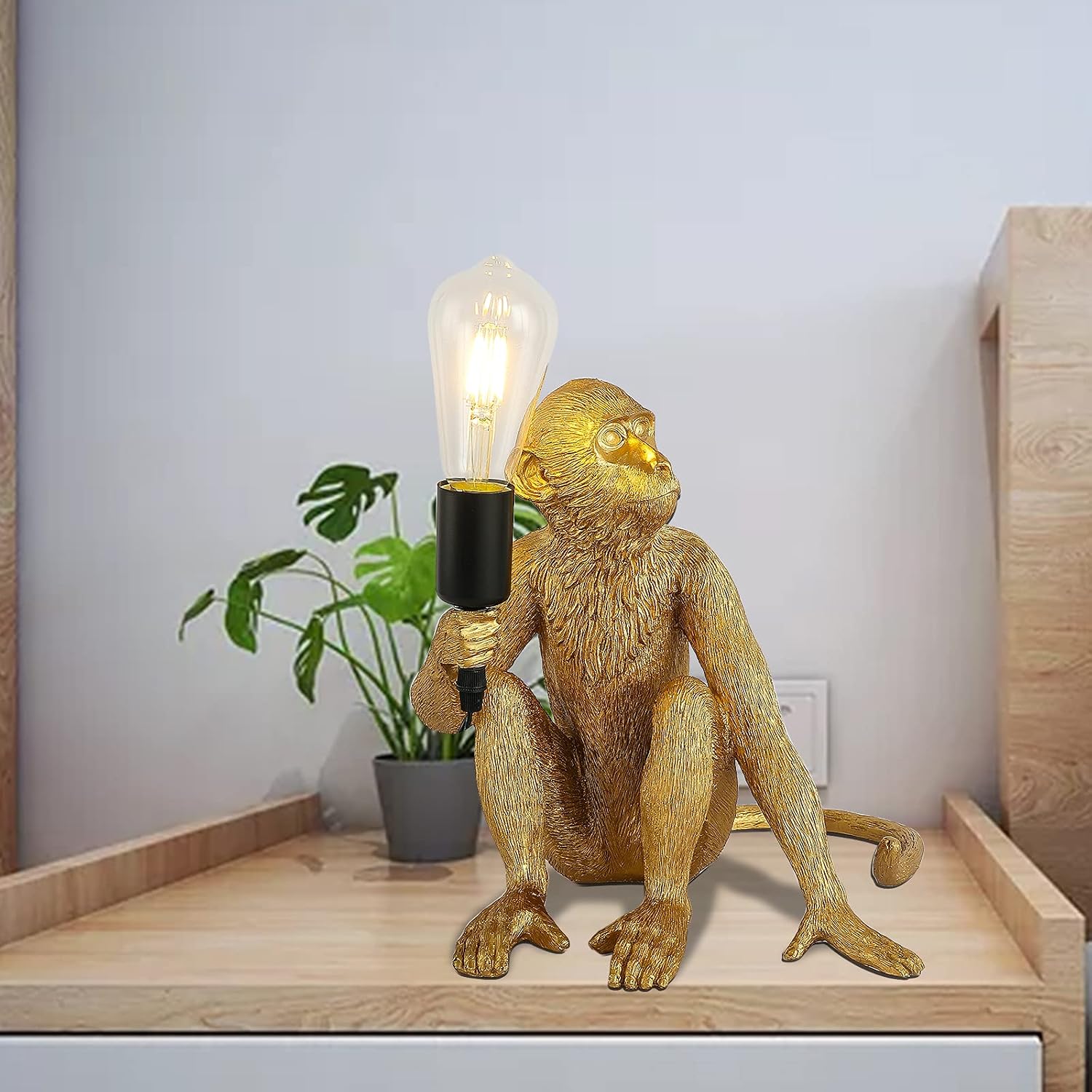 Resin Hemp Rope Monkey Table Light Retro Edison Monkey Desk Resin Sitting Monkey Lighting Fixture E27 for Dining Living Room Bedroom Bar Cafe