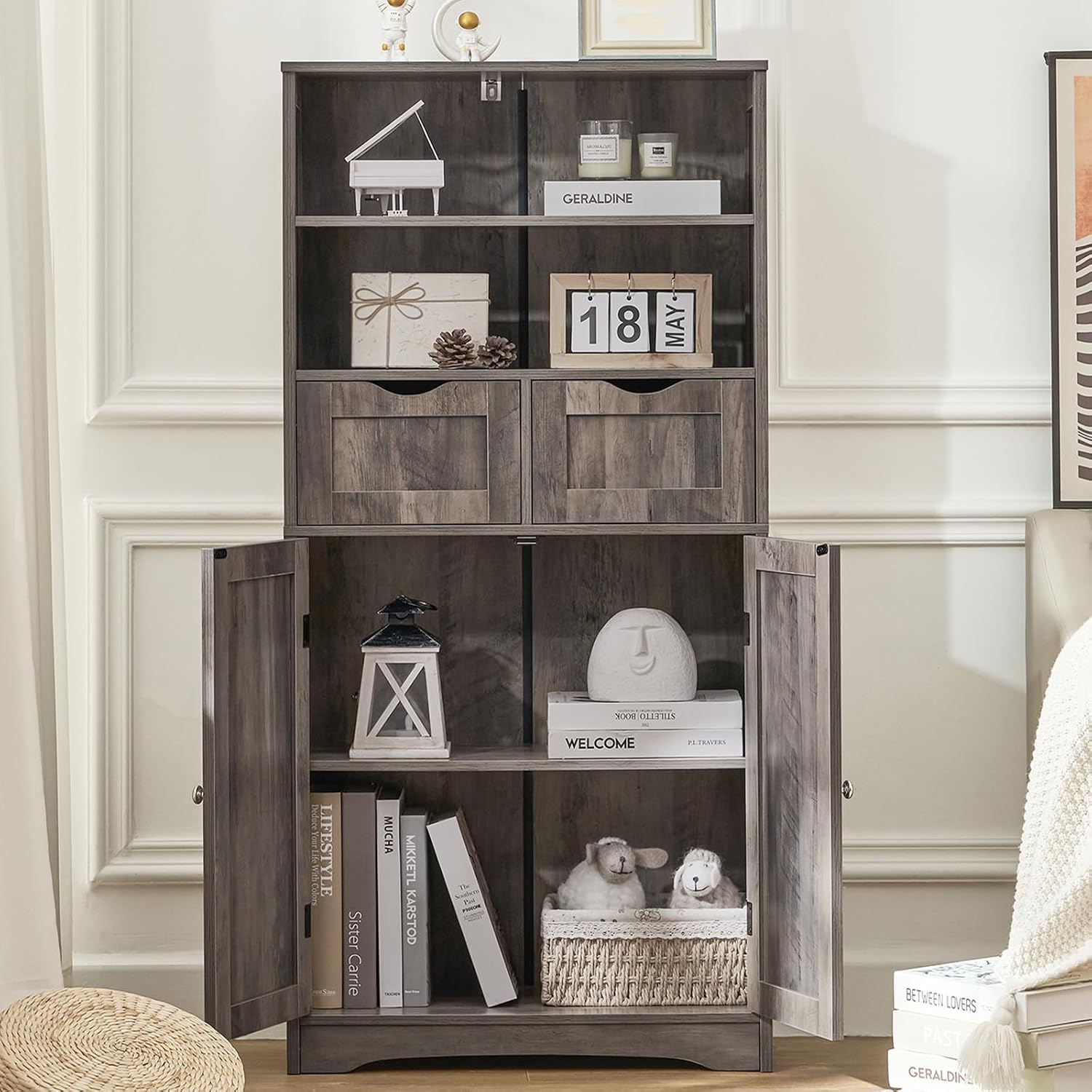 Iwell Storage Cabinet with 2 Drawers & Adjustable Shelves, Cupboard, Floor Cabinet for Living Room, Home Office, Rustic Brown