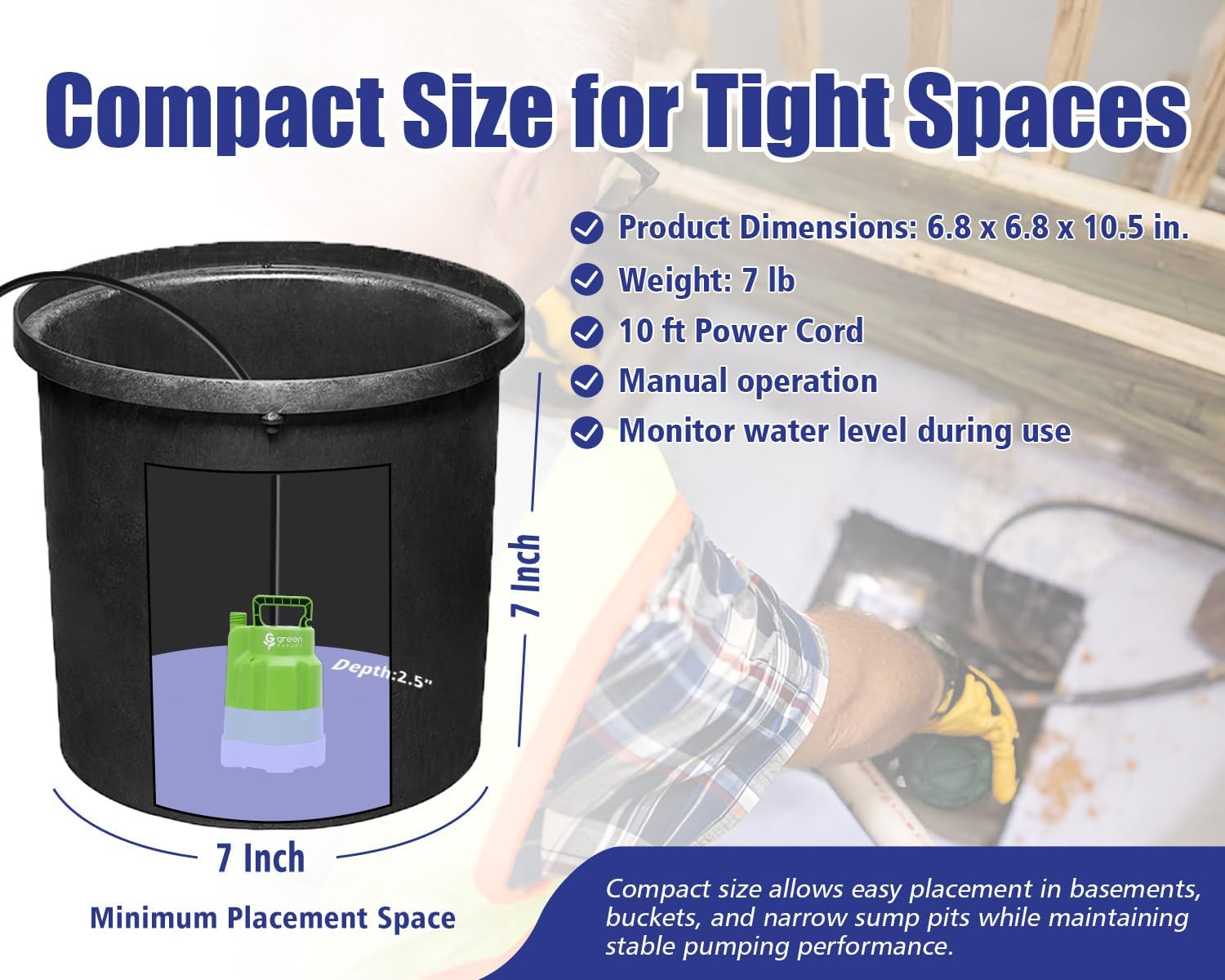 Green Expert 1/4HP Submersible Sump Pump, High Flow 1800GPH, 28FT Max Head, Portable Utility Water Pump for Basement Flooding, Emergency Water Removal
