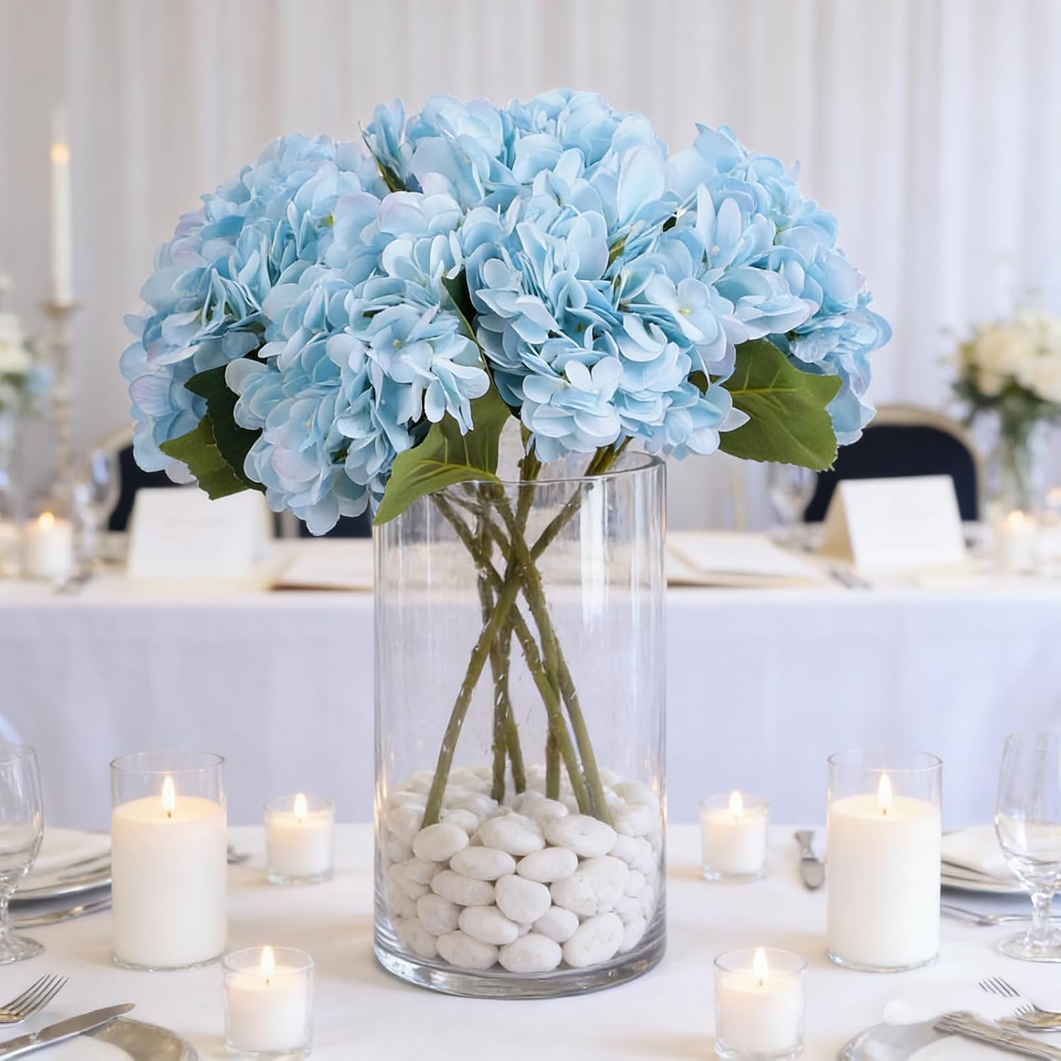 Kimura's Cabin 6pcs Silk Hydrangeas Artificial Flowers,Deep Lake Blue