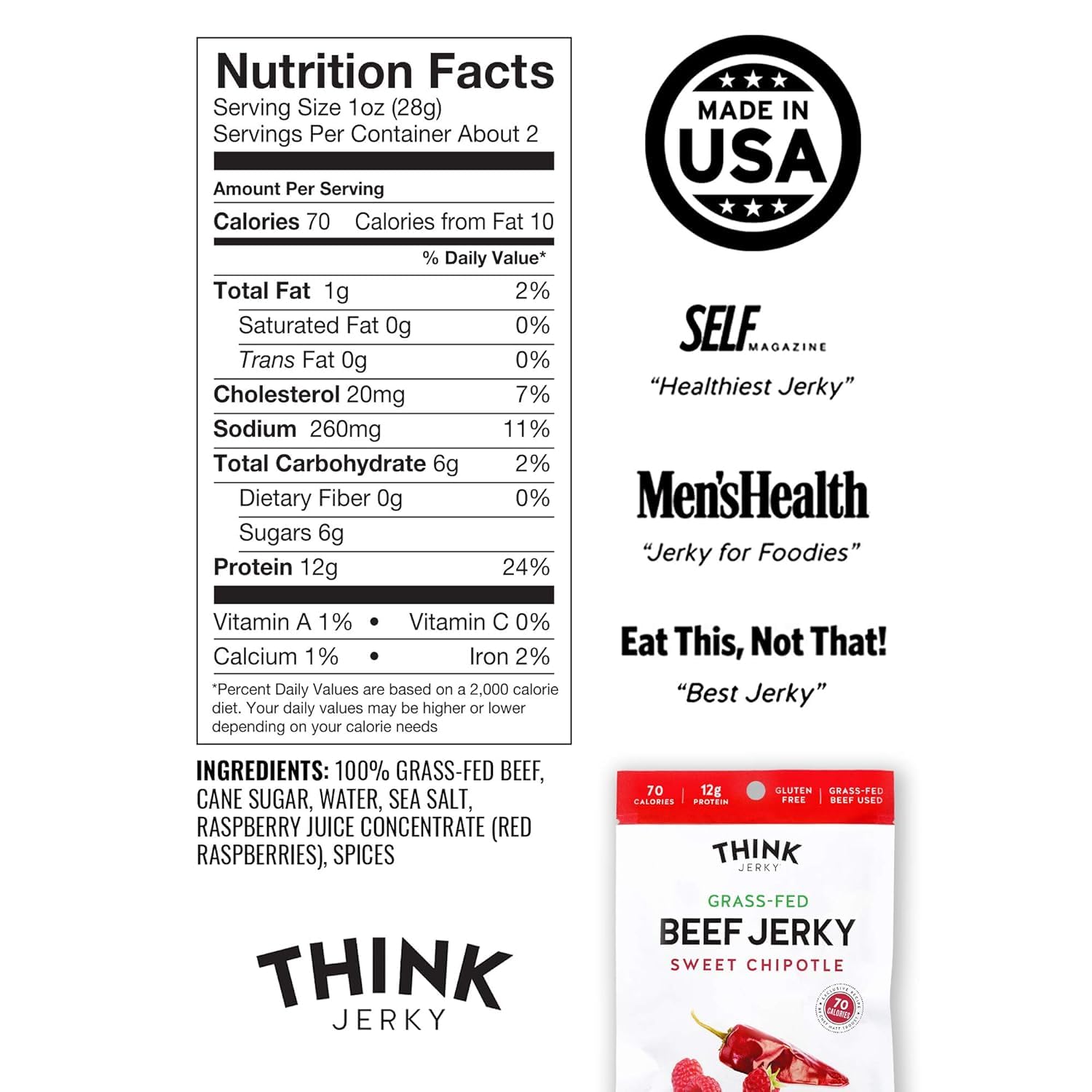 Think Jerky Sesame Teriyaki Beef Jerky, Grass-Fed High Protein Beef Jerky, Gluten Free, No Antibiotics or Nitrates, Healthy Chef Crafted Recipe, Low Calorie and Low Fat - 2.2 oz Bags, 4 Pack