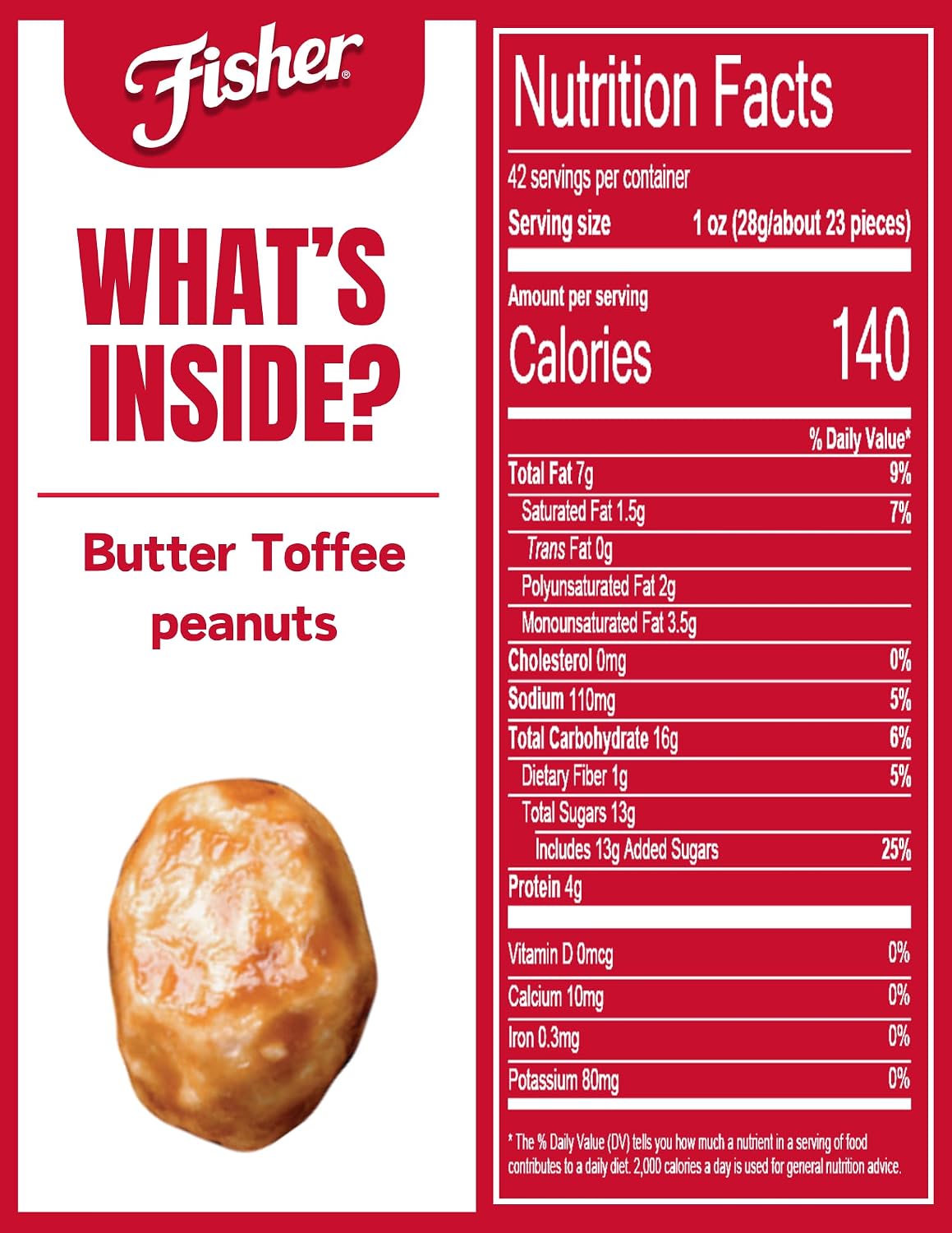 Fisher Snack Butter Toffee Peanuts, 42 Ounces (Pack of 1), No Artificial Colors or Flavors, 100% Recyclable