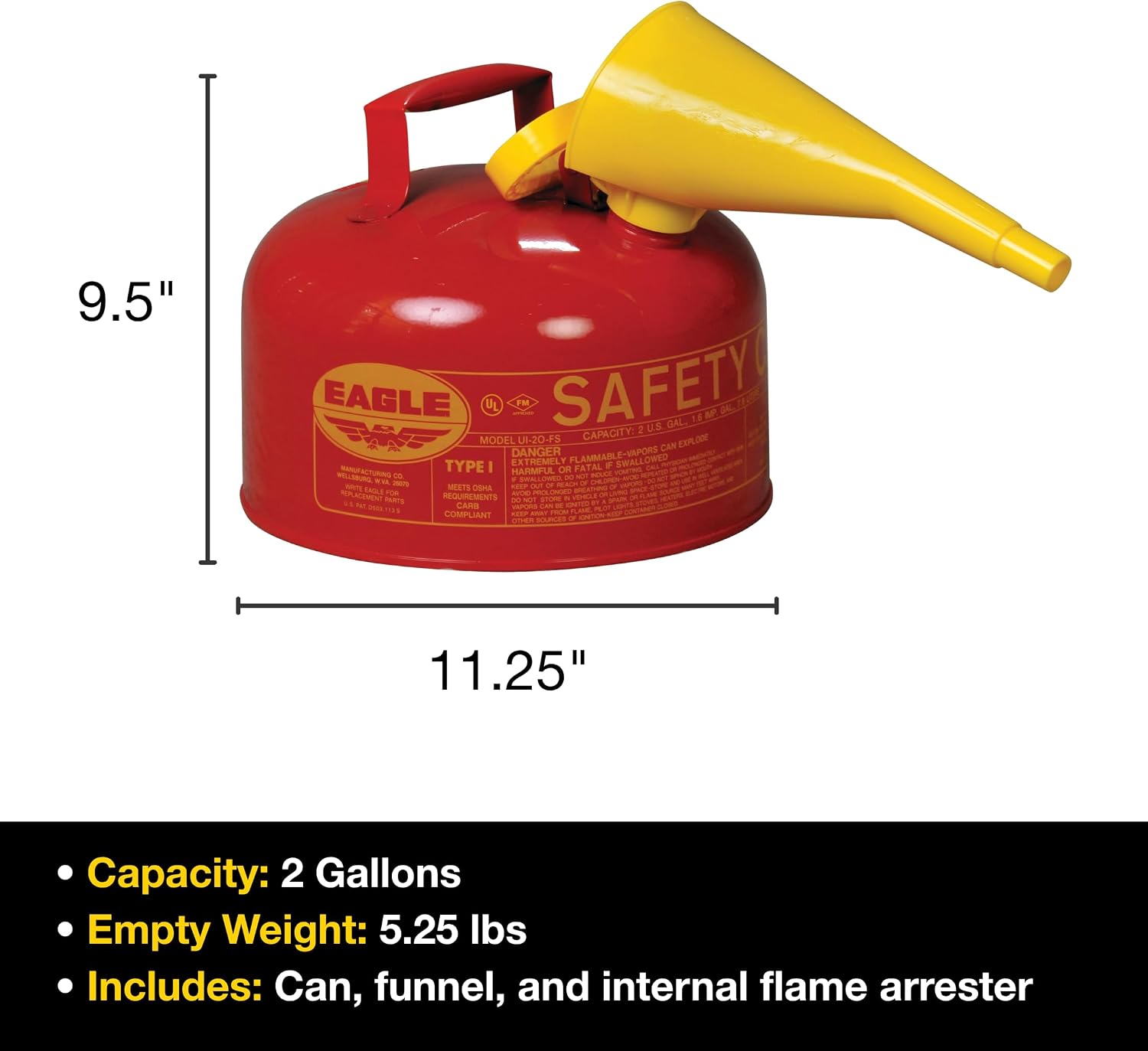 Eagle 2 Gallon Type I Red Safety Gas Can for Gasoline