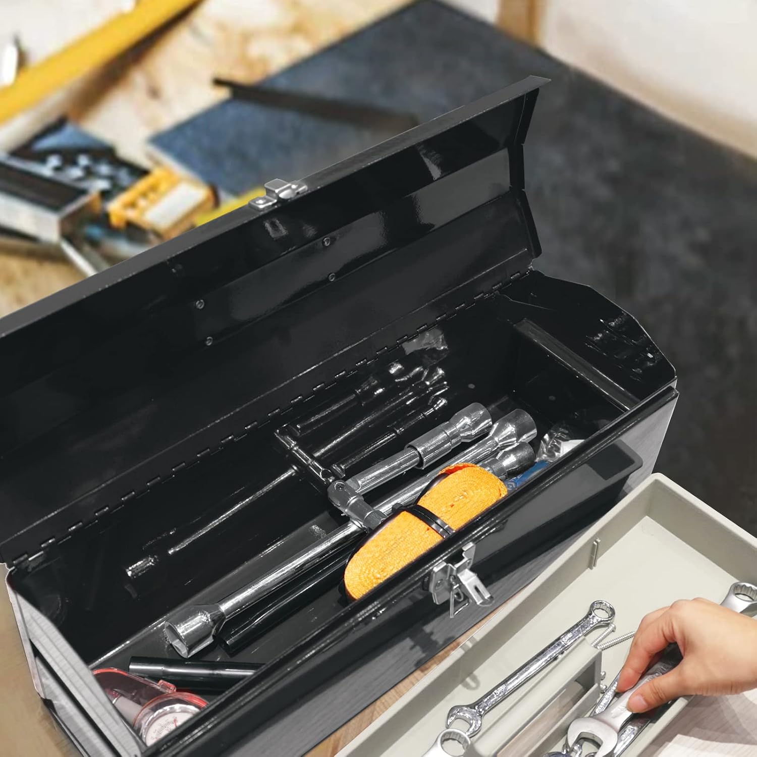 Torin ATB102B 16" Hip Roof Style Portable Steel Tool Box with Metal Latch Closure, Black