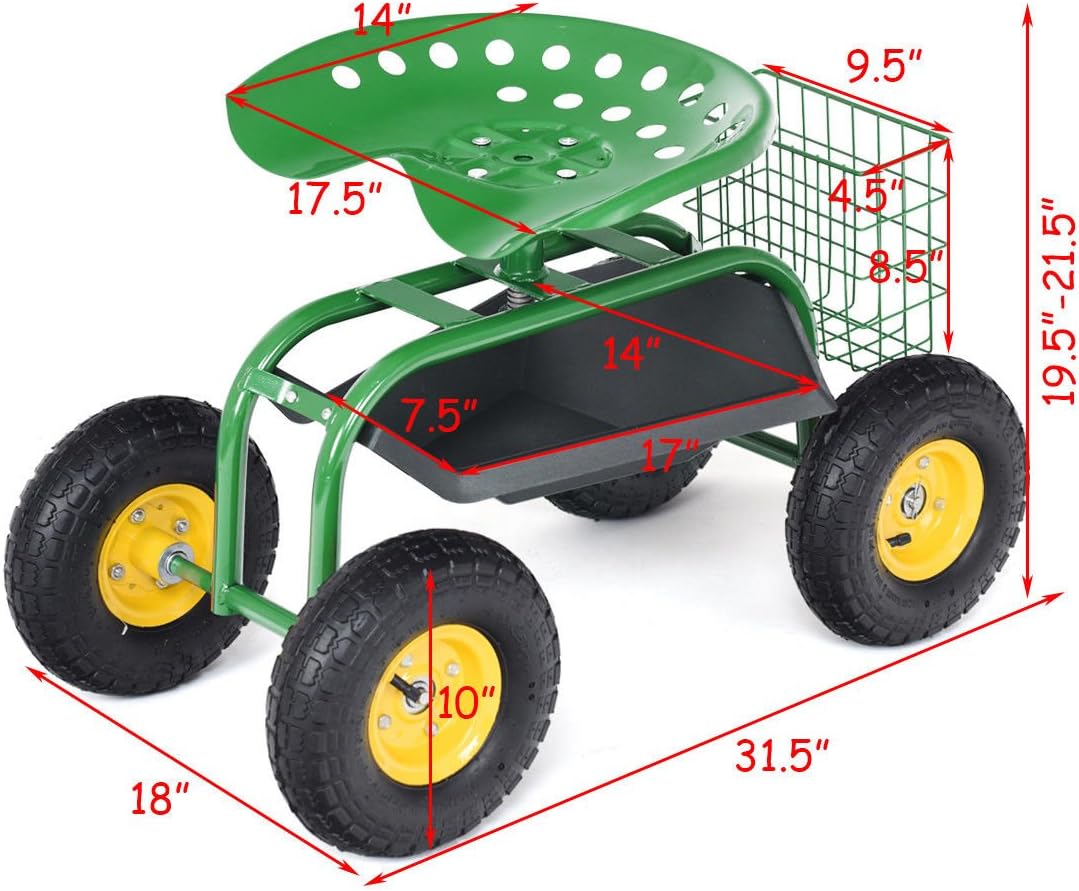 Giantex Rolling Garden Work Seat, 360 Swivel Gardening Workseat with Wheels, Tool Basket, Adjustable Height, Outdoor Scooter for Sitting, Gardening Stool Chair for Planting Trimming, Red