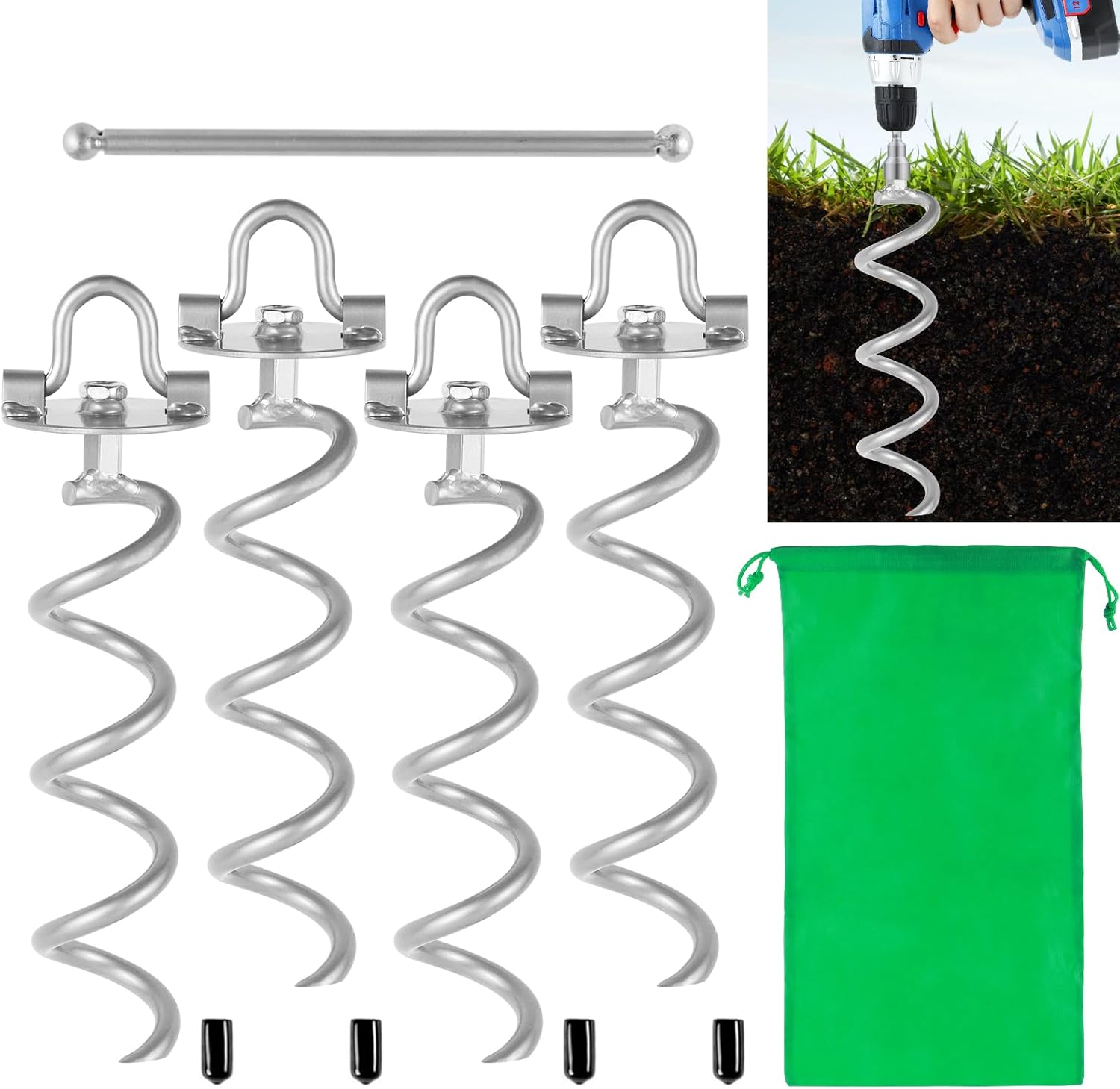 MIXXIDEA 11.4 Inch Gound Anchors Screw in, Metal Spiral Earth Anchors Kit, Heavy Duty Folding Ring Spiral Stake, Silver Ground Stakes for Tent