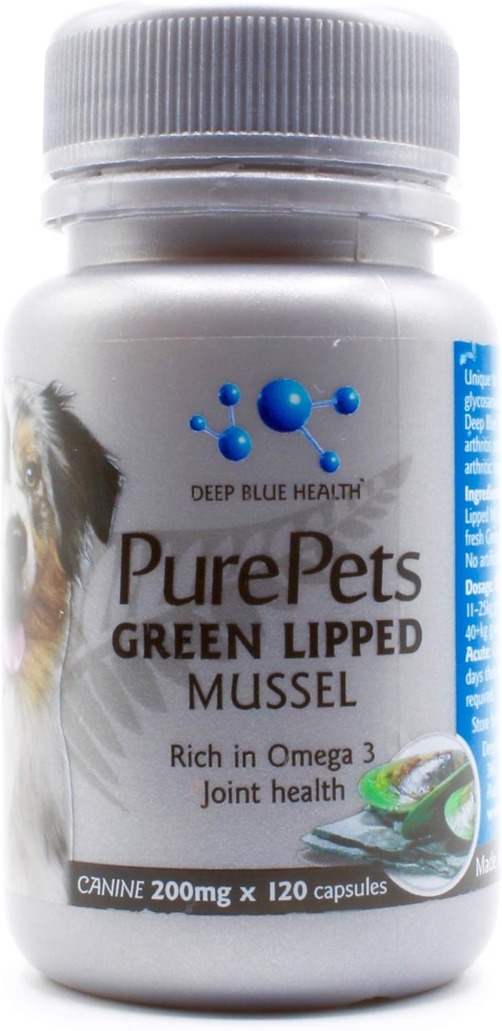 PurePets New Zealand Green Lipped Mussel Capsules for Dogs and Cats - 200mg x 120 Capsules - for Hip & Joint Support - 100% Natural Arthritis Pain