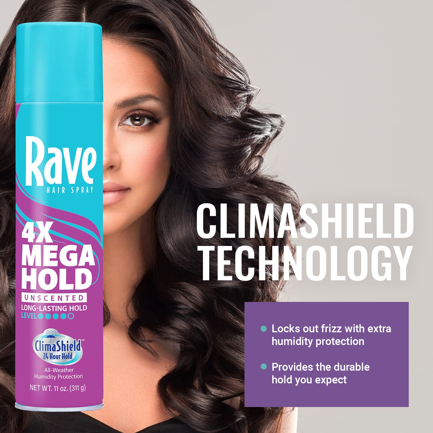 rave 4X Mega Unscented Aerosol Hairspray - Hair Spray for High Humidity Weather - 24-Hour Lasting Hold - Vitamin-Enhanced Hair Volume Spray - 11 oz