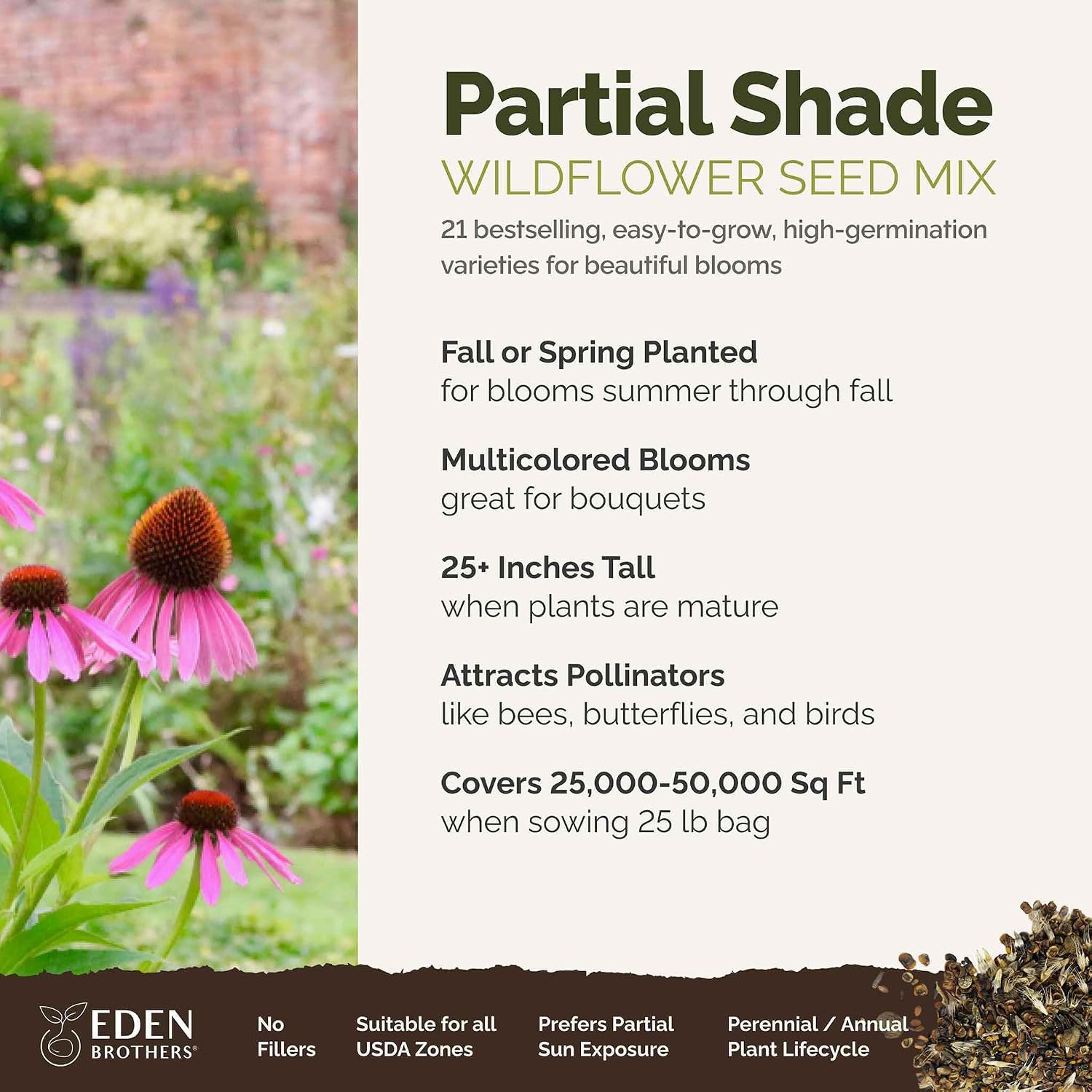 Eden Brothers All Perennial Wildflower Mixed Seeds for Planting, 1 lb, 480,000+ Seeds with Lupine, Shasta Daisy | Attracts Pollinators, Plant in Spring or Fall, Zones 3, 4, 5, 6, 7, 8, 9, 10