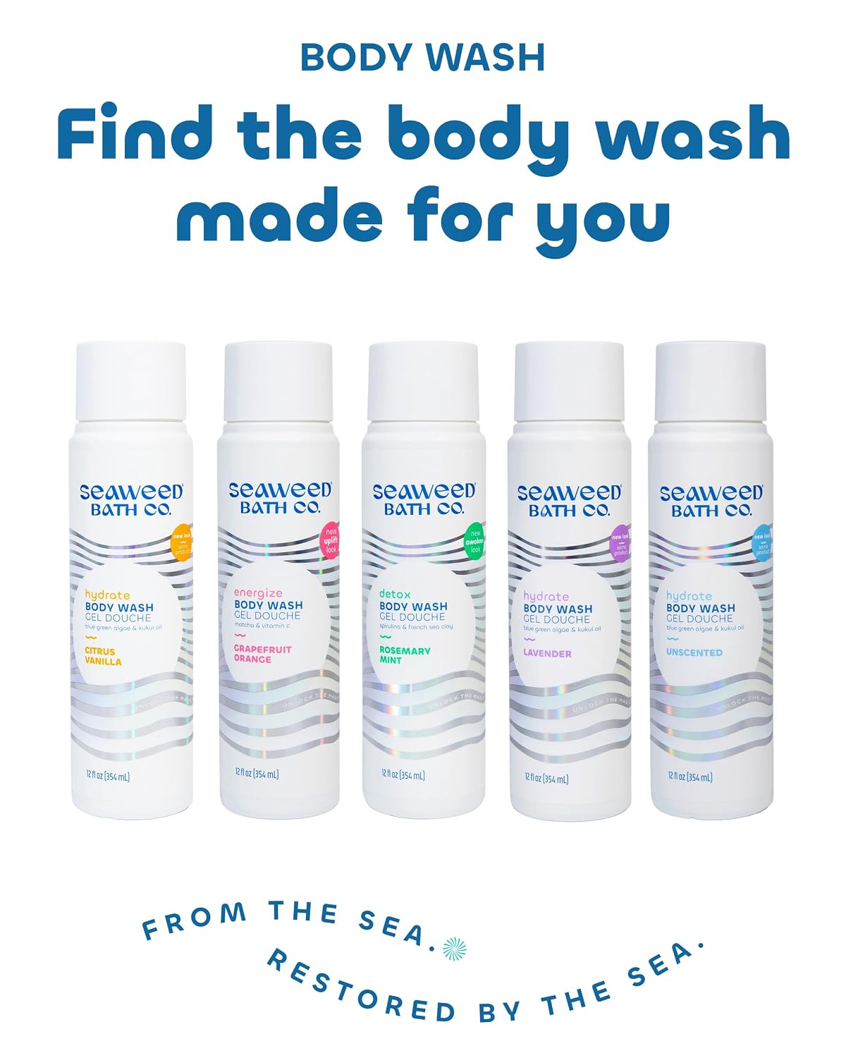 Seaweed Bath Co. Hydrate Body Wash, Unscented, 12 oz | Foaming Shower Gel Cleanser with Natural Ingredients, Fragrance Free and Gentle, Good for Sensitive Skin