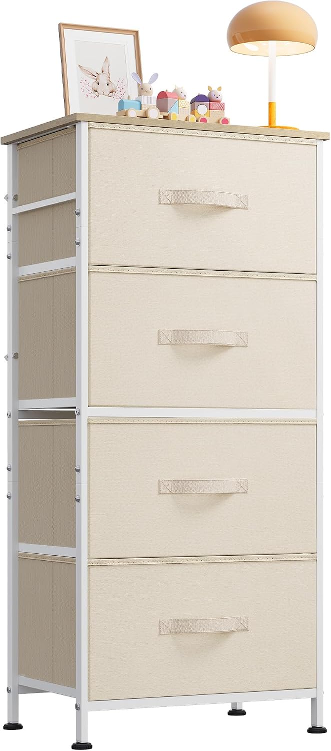 WLIVE Small Dresser Nightstand for Bedroom, 4 Drawers, Light Grey | 4 vertical fabric drawers, Space-saving tower, Bedroom or closet use, Chest of drawers, Dresser for small spaces