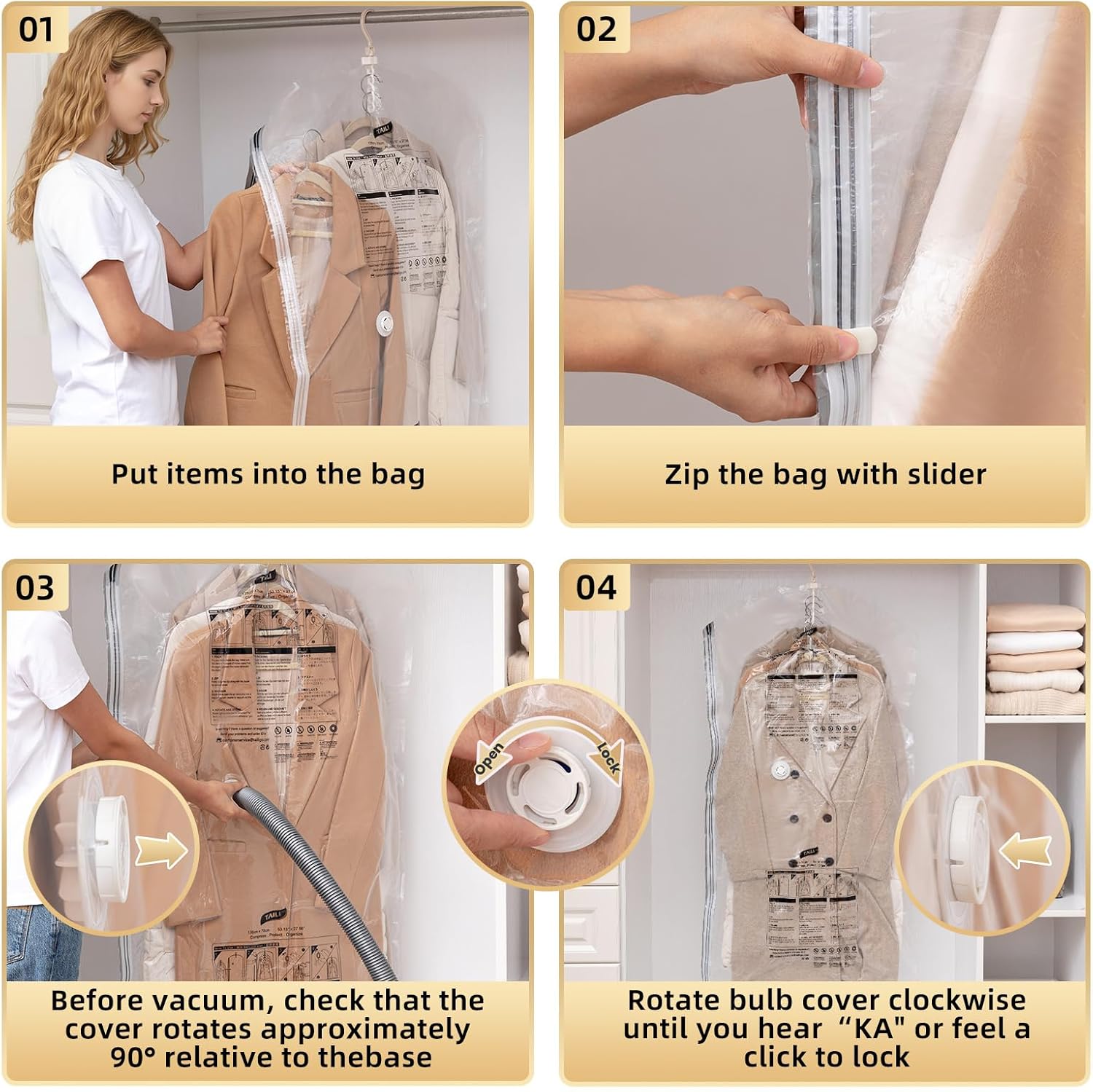 TAILI Hanging Vacuum Storage Bags, Space Save Vacuum seal bags for Clothing Travel, Suits and Jackets, Winter Coat Storage Closet Organizers, Set of 4 (2 Long, 2 Short), Clear