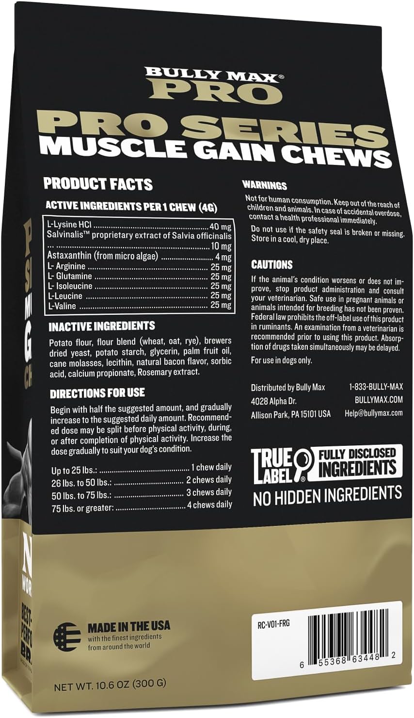 Bully Max 11-in-1 Dog Muscle Builder Power Chews - High Protein Muscle Gain Supplement with Amino Acids - Vet-Recommended for Puppy & Adult Canines