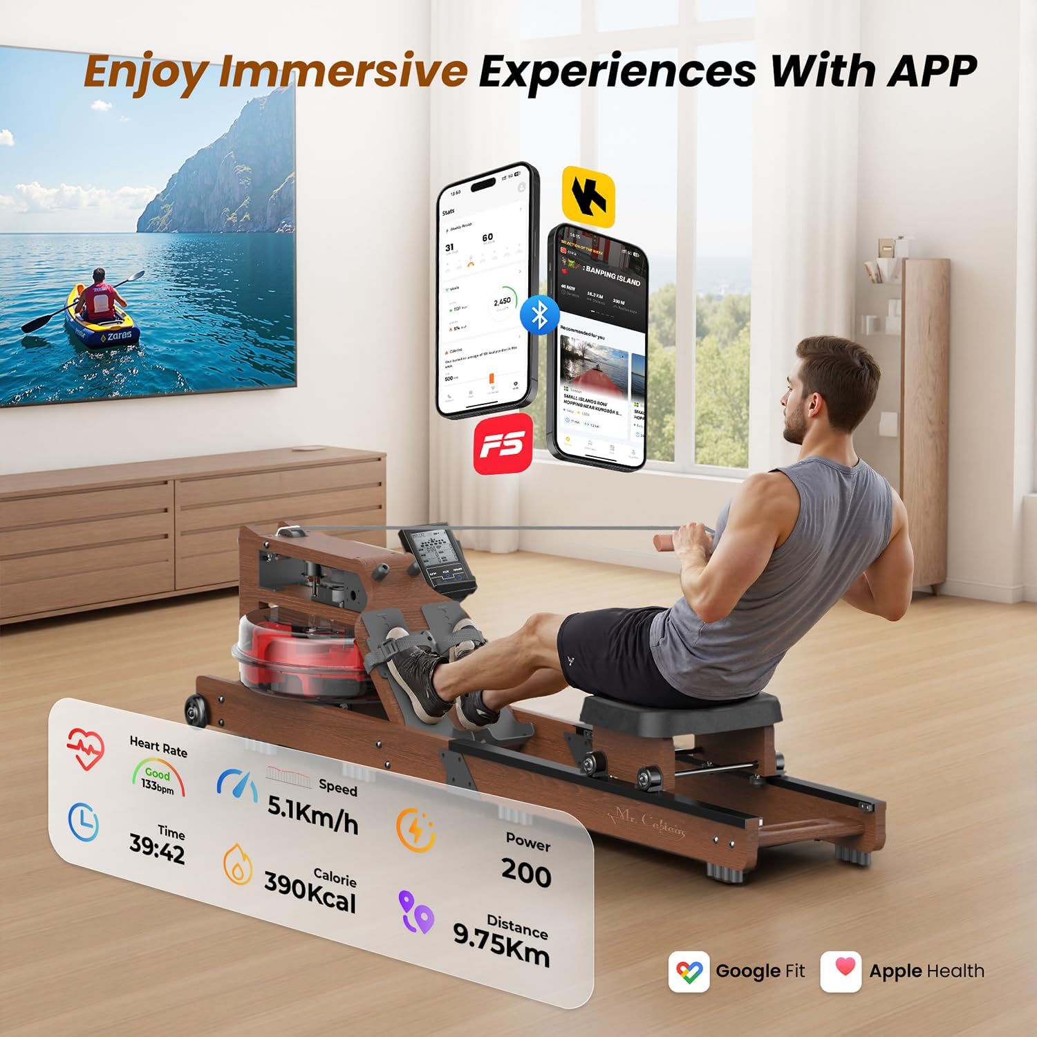 Water Rowing Machine for Home, Rower Machine 400LBS Weight Capacity with Dedicated Monitor & Comfortable Seat, Bluetooth APP