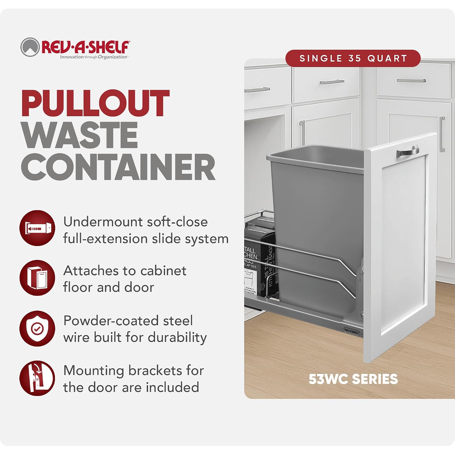 Rev-A-Shelf 35 Qt Pull Out Trash Can with Soft Close for Under Kitchen Cabinets, Min Opening Width of 11.5", Metallic Silver, 53WC-1535SCDM-117