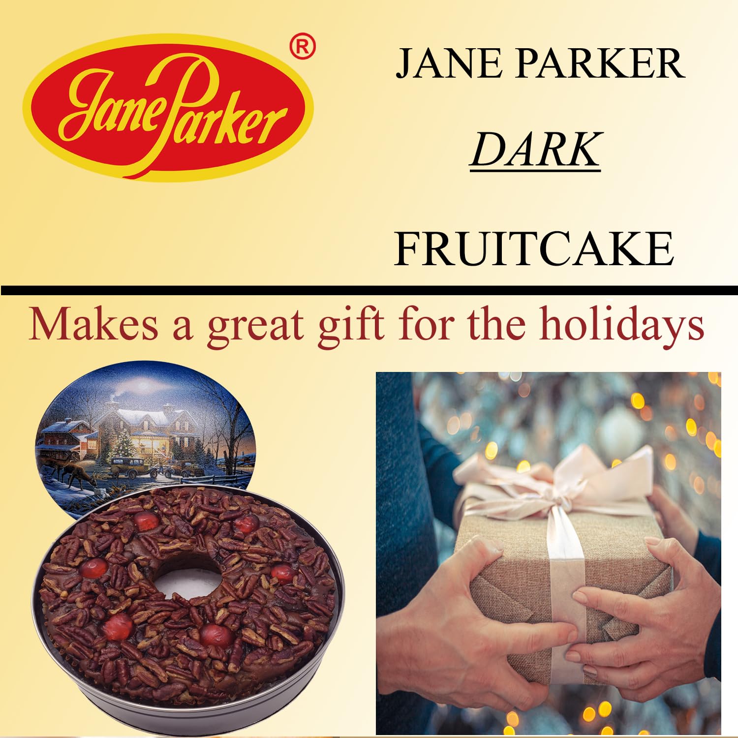 Jane Parker Fruitcake Dark Fruit Cake 3 Pound (48 Ounce) Ring in a Collectible Holiday Tin (Colors may vary) -Holiday Cake-Christmas Cake-The Best