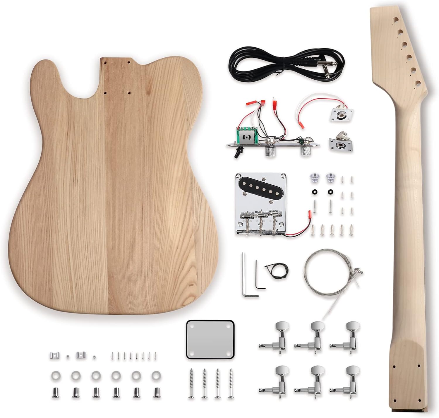 DIY Electric Guitar Kit Beginner Kit Right Handed with Ash Body | Hard Maple Neck, Rosewood Fretboard, Chrome Hardware, 6 String