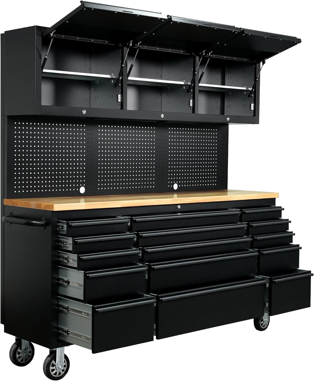 72-inch Tool Chest Cabinet Rolling Garage Workbench with 15 Storage Drawers and Wheels, 3 Upper Cabinet, Pegboard, Steel Large Tool Box,Matte Black