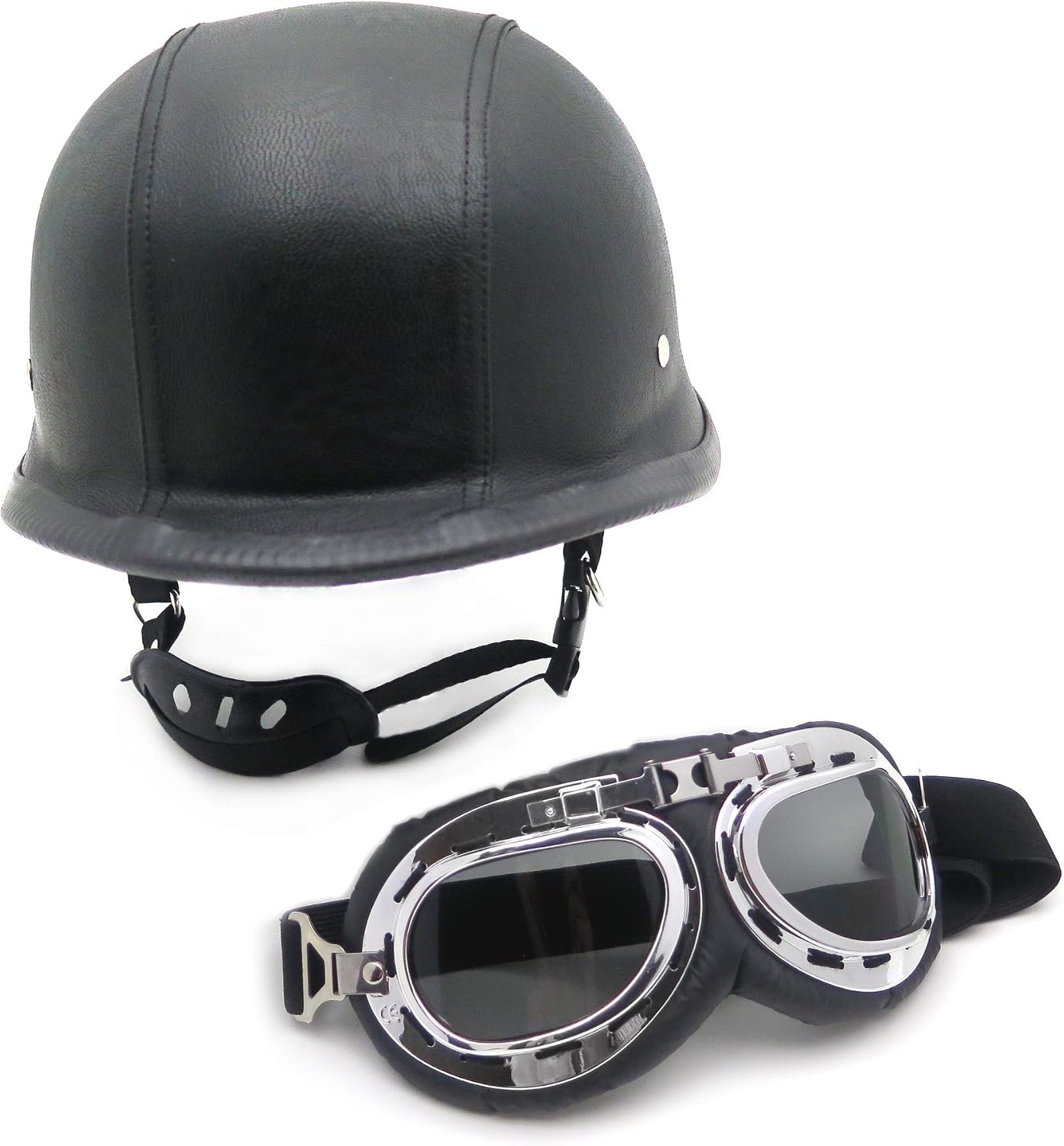 MT506-002-XL- DOT German Black Leather Motorcycle Half Face Helmet Biker Pilot Goggles XL