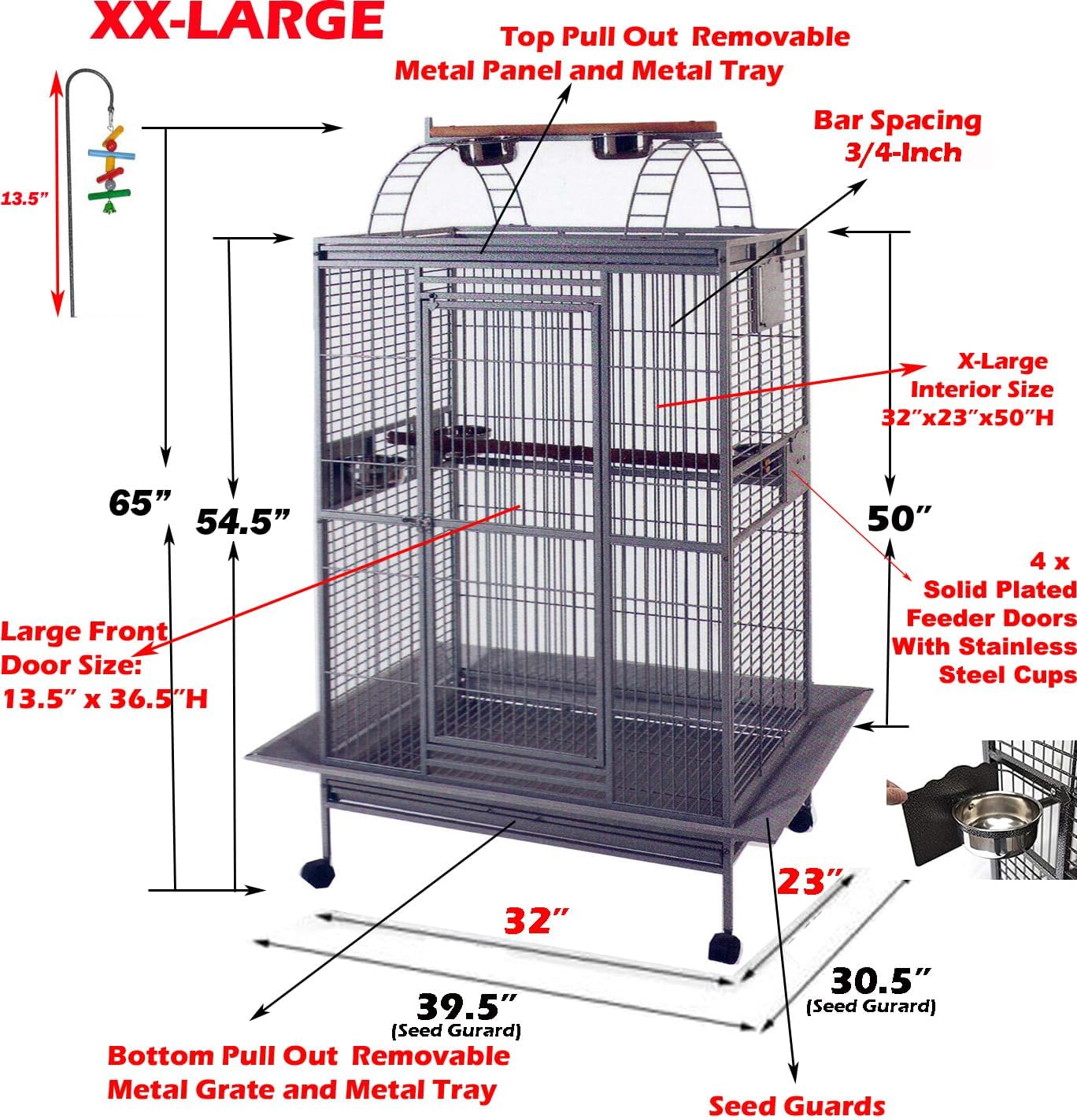 Large Double Ladders Open Play Top Wrought Iron Bird Parrot Parakeet Finch Macaw Cockatoo Cage, Include Seed Guard and Toy Hook (30.5''L x 29.5''W x 65''H, Black Vein)