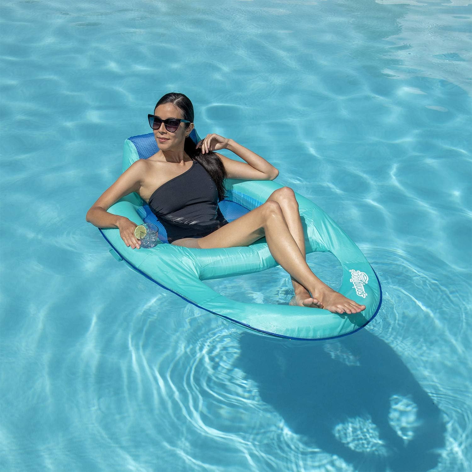SwimWays Spring Float Recliner Chair for Swimming Pool, Inflatable Pool Floats Adult with Fast Inflation, Cup Holder & Foot Rest for Ages 15 & Up
